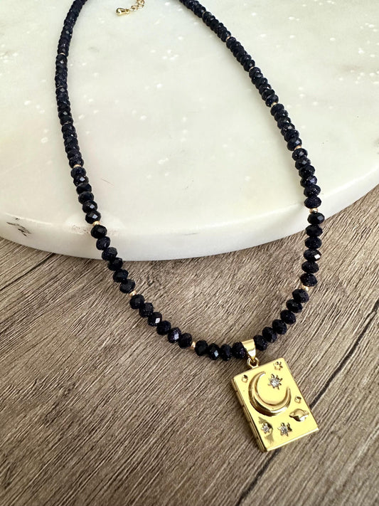 Book Locket With Blue Sandstone Beaded Necklace -Gift-Wedding-Bridesmaid