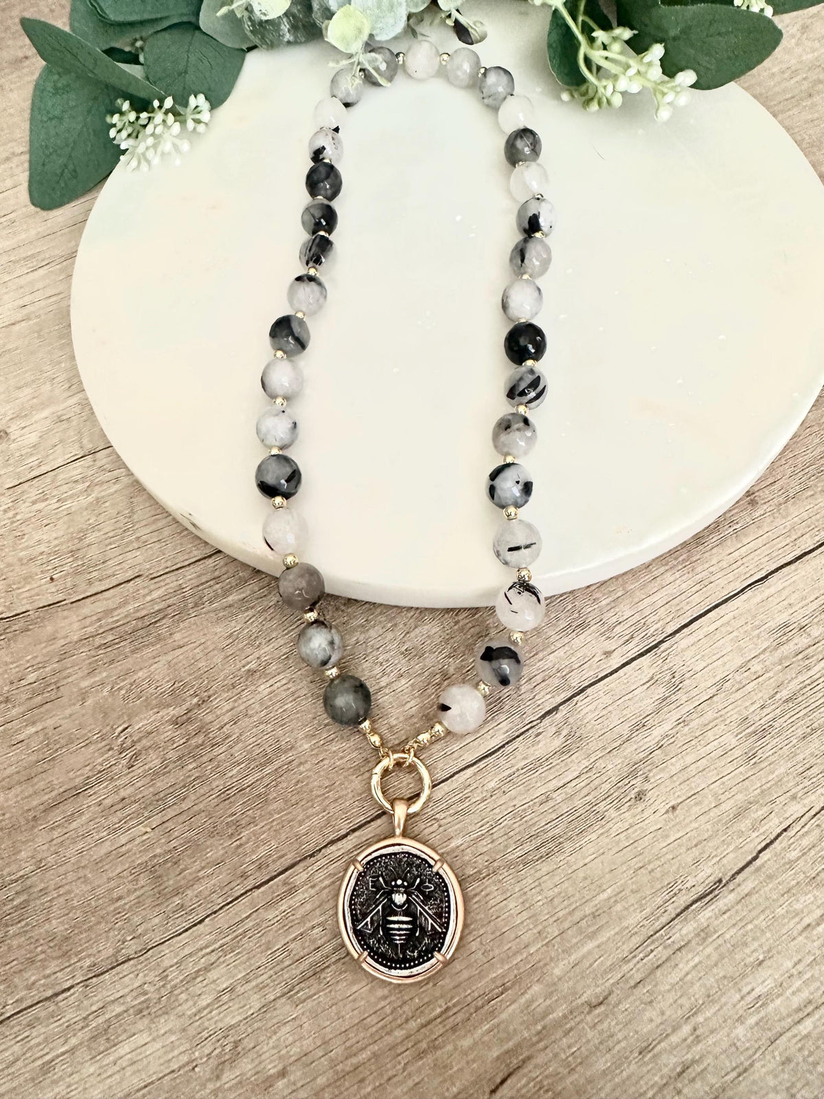 Black Rutilated Quartz Beaded Necklace Coin Bee Pendant Chunky Necklaces -Gift-Wedding-Bridesmaid