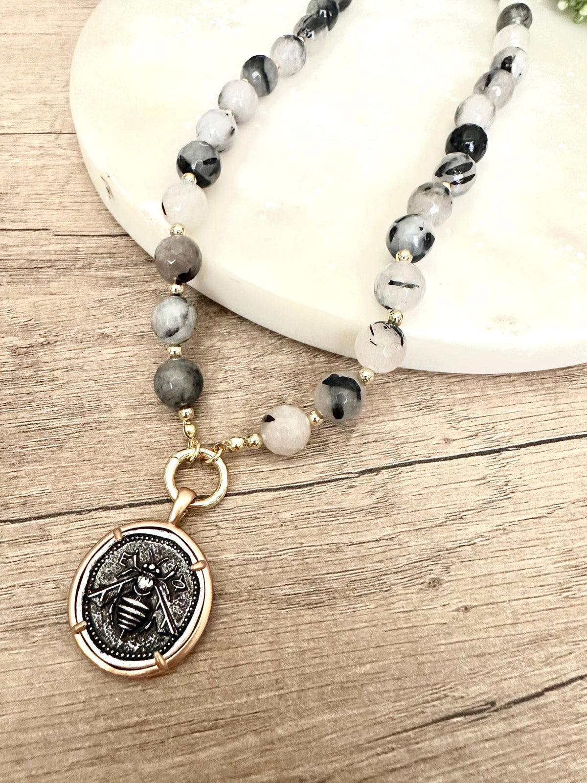Black Rutilated Quartz Beaded Necklace Coin Bee Pendant Chunky Necklaces -Gift-Wedding-Bridesmaid