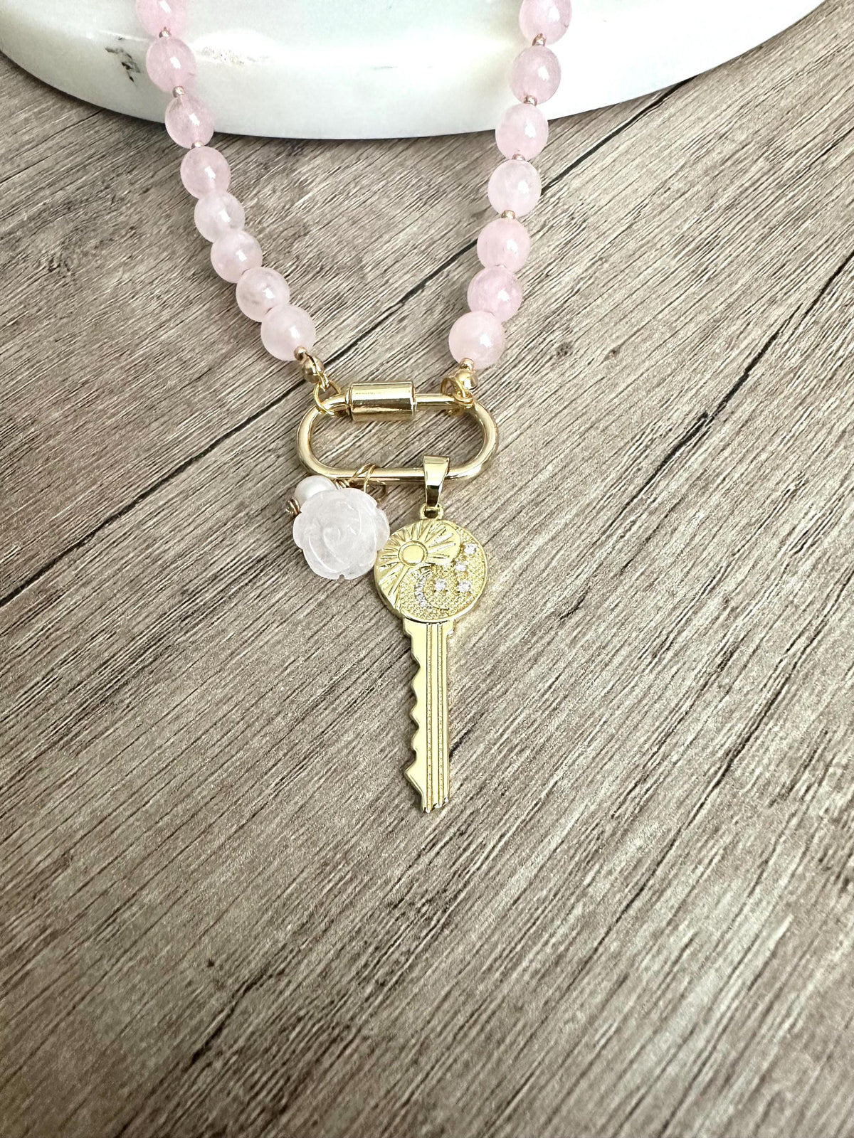 Pink Quartz Beaded Key Necklace -Gift-Wedding-Bridesmaid