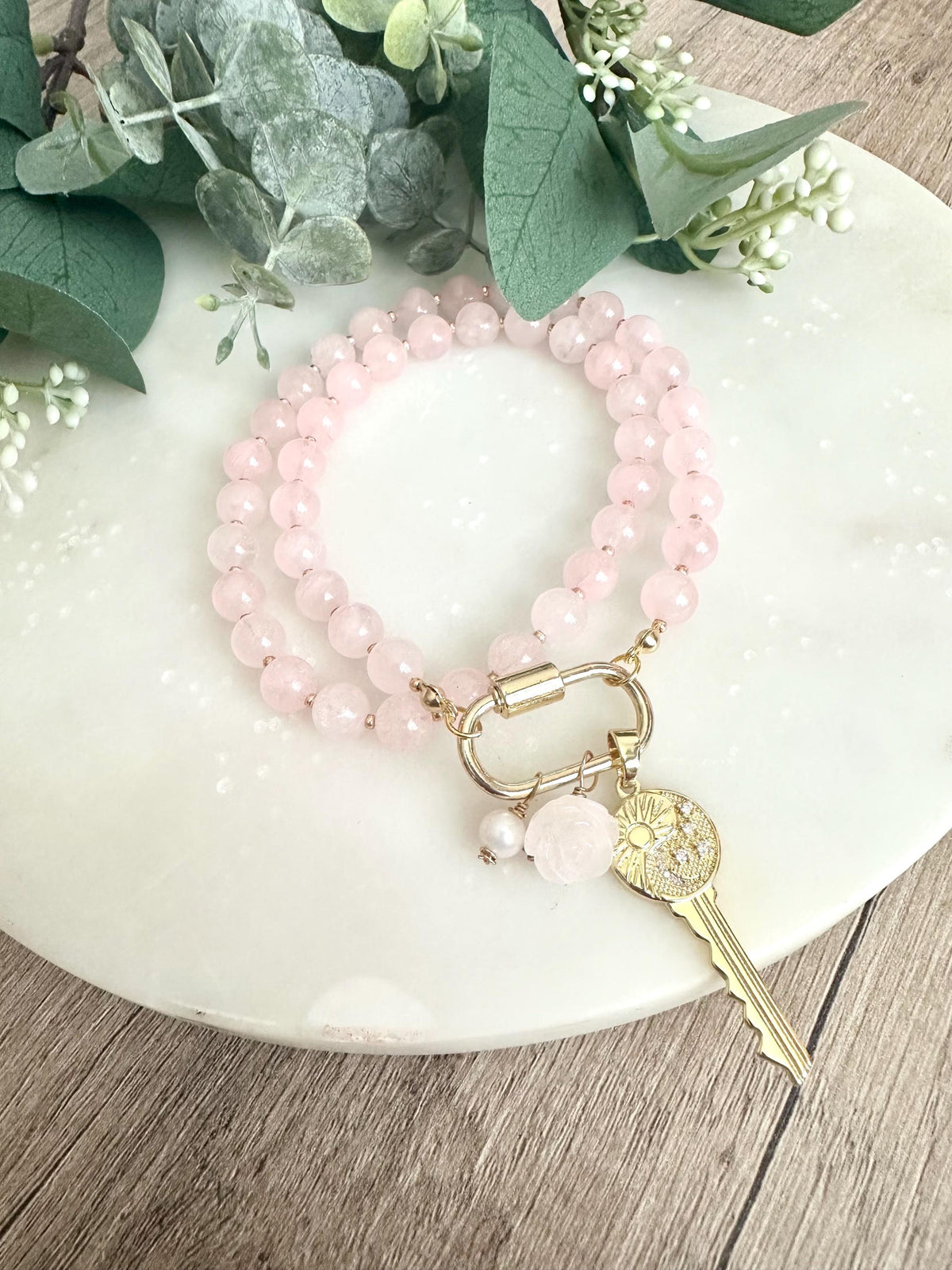 Pink Quartz Beaded Key Necklace -Gift-Wedding-Bridesmaid