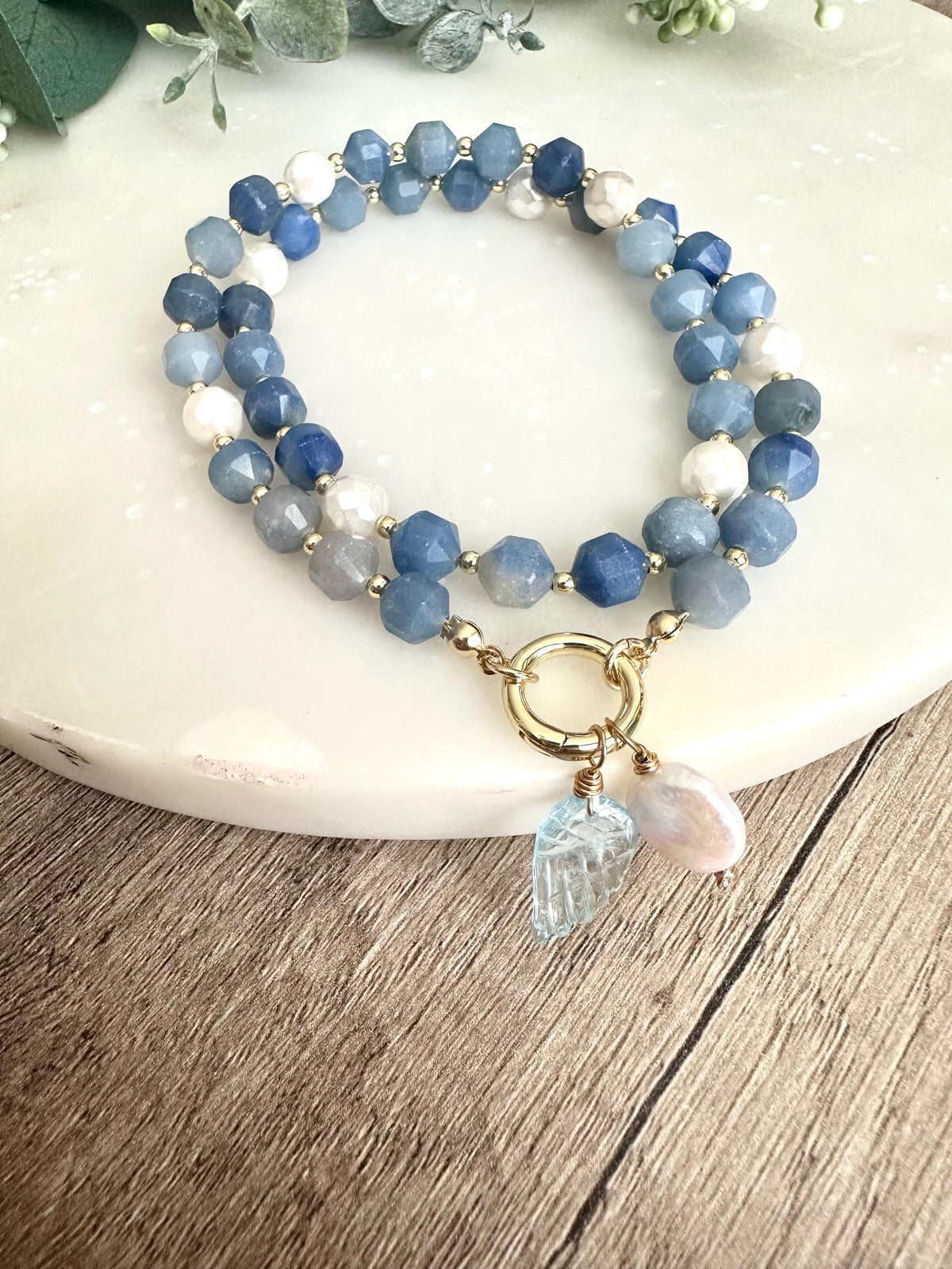 Natural Blue Aventurine Beaded Necklace with Pearl and Angel Wing
