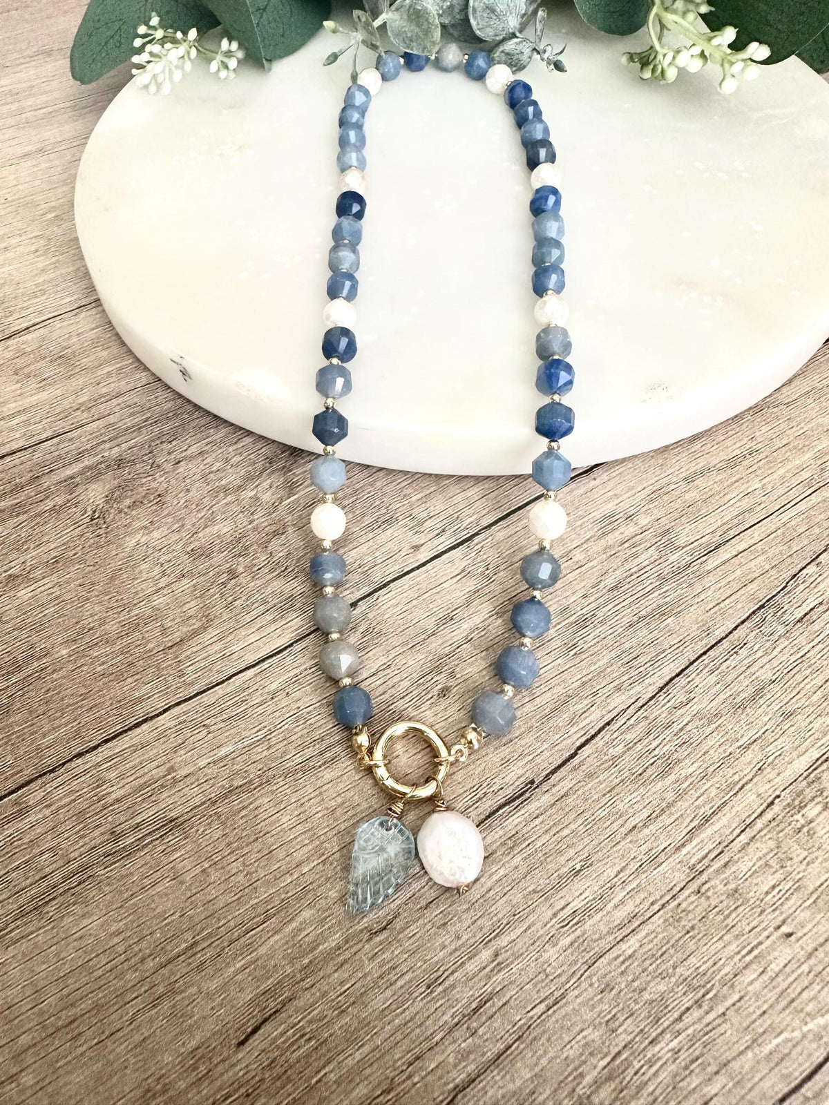 Natural Blue Aventurine Beaded Necklace with Pearl and Angel Wing