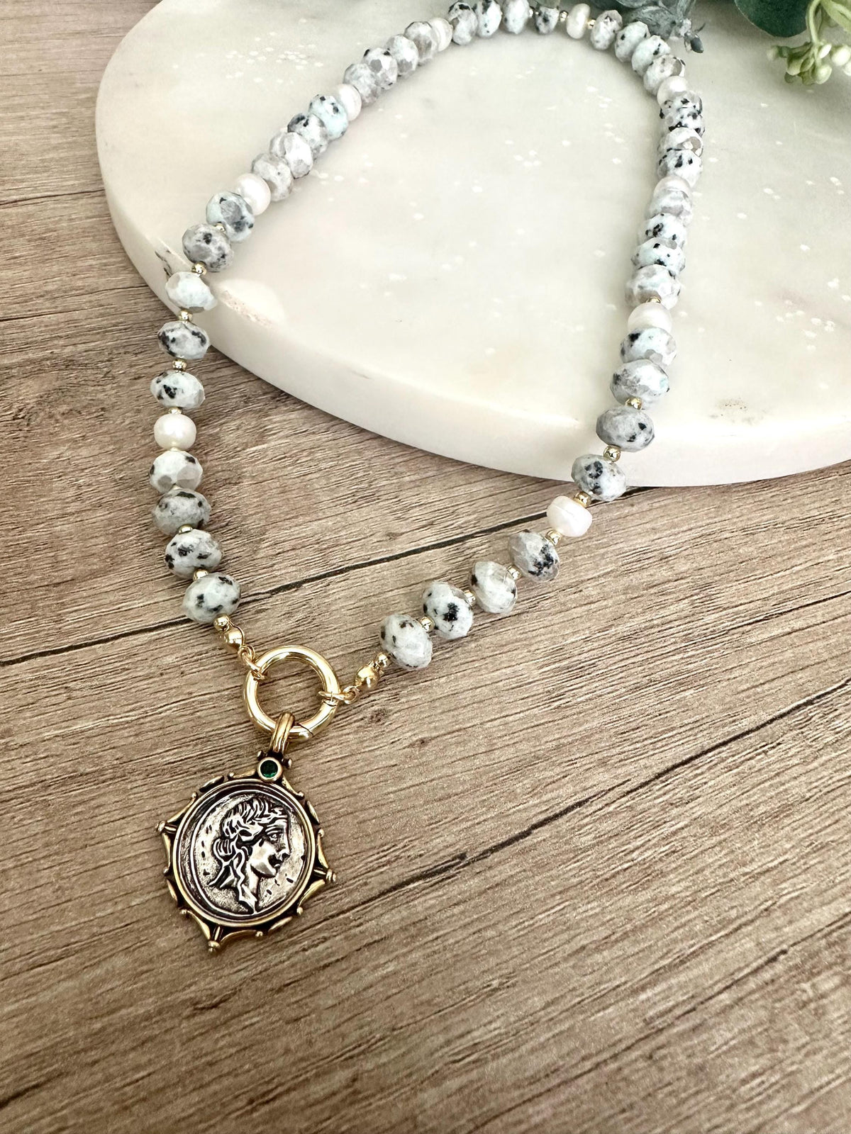 Light Green Kiwi Jasper Beaded Coin Pendant Necklace
