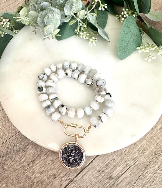 White with Black Moonstone Beaded Necklace Bee Pendant Chunky Necklaces -Gift-Wedding-Bridesmaid