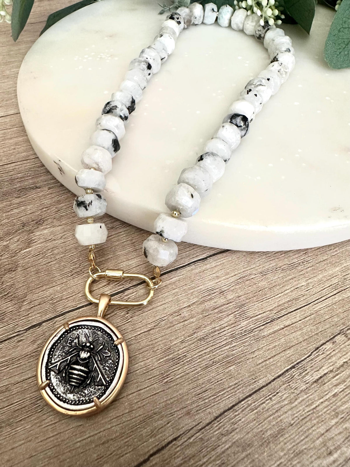 White with Black Moonstone Beaded Necklace Bee Pendant Chunky Necklaces -Gift-Wedding-Bridesmaid