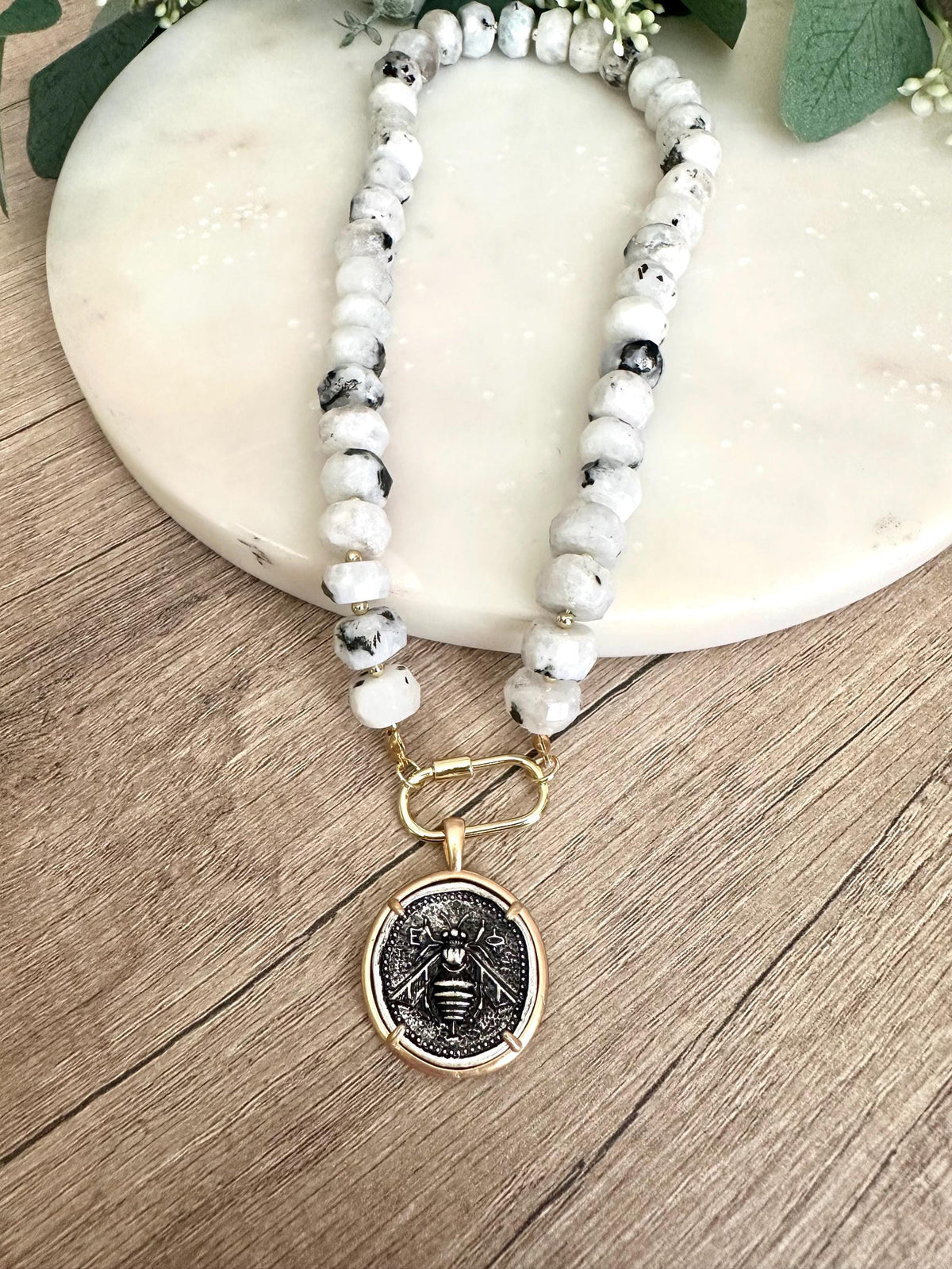 White with Black Moonstone Beaded Necklace Bee Pendant Chunky Necklaces -Gift-Wedding-Bridesmaid