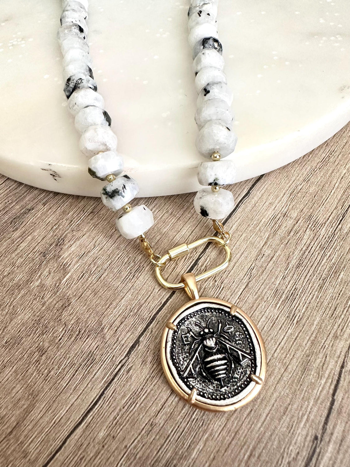 White with Black Moonstone Beaded Necklace Bee Pendant Chunky Necklaces -Gift-Wedding-Bridesmaid