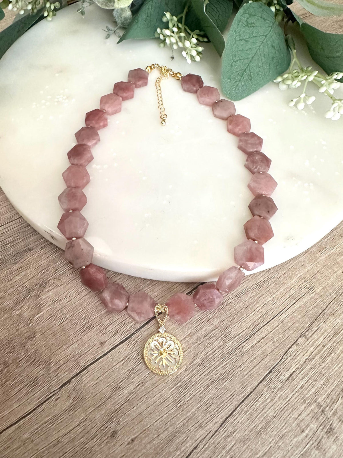 Strawberry Jade Beaded Necklace with Filigree Pendant -Gift-Wedding-Bridesmaid
