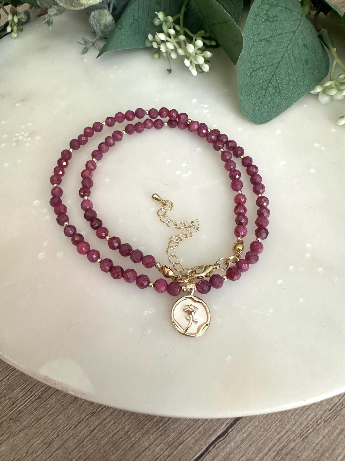 Natural Ruby Beaded Necklace with Rose Pendant -Gift-Wedding-Bridesmaid