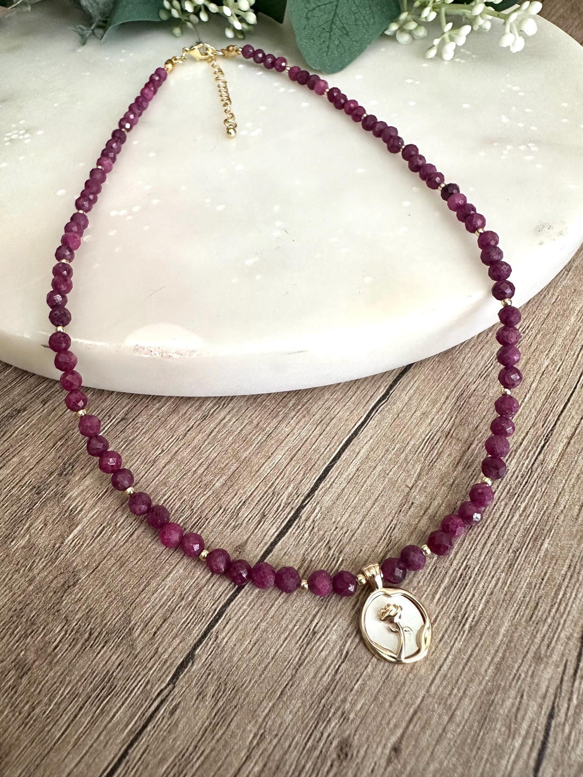 Natural Ruby Beaded Necklace with Rose Pendant -Gift-Wedding-Bridesmaid