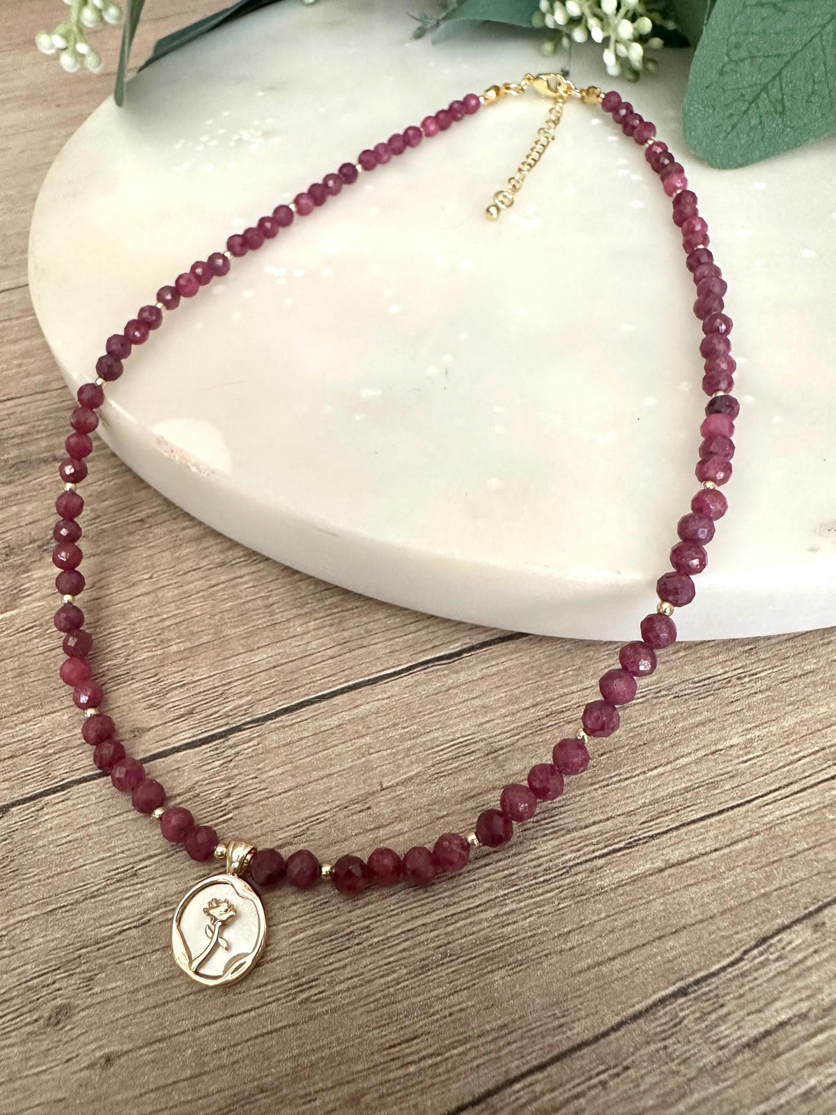 Natural Ruby Beaded Necklace with Rose Pendant -Gift-Wedding-Bridesmaid
