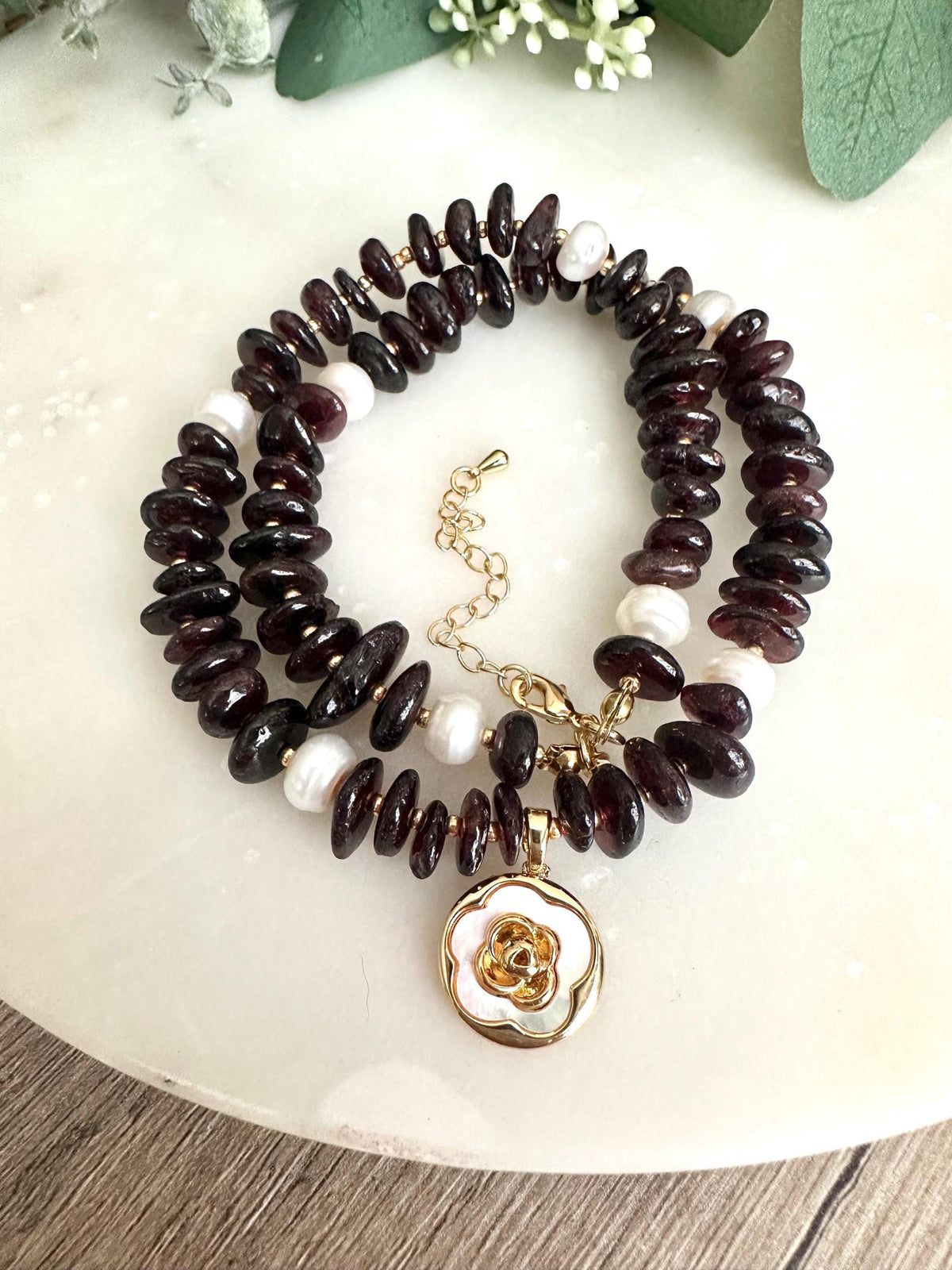 Garnet and Freshwater Peals Beaded Necklace with Rose Pendant -Gift-Wedding-Bridesmaid