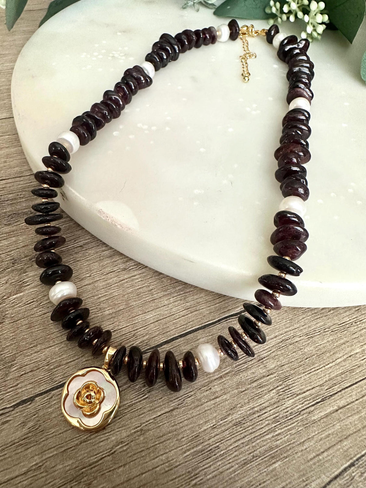 Garnet and Freshwater Peals Beaded Necklace with Rose Pendant -Gift-Wedding-Bridesmaid