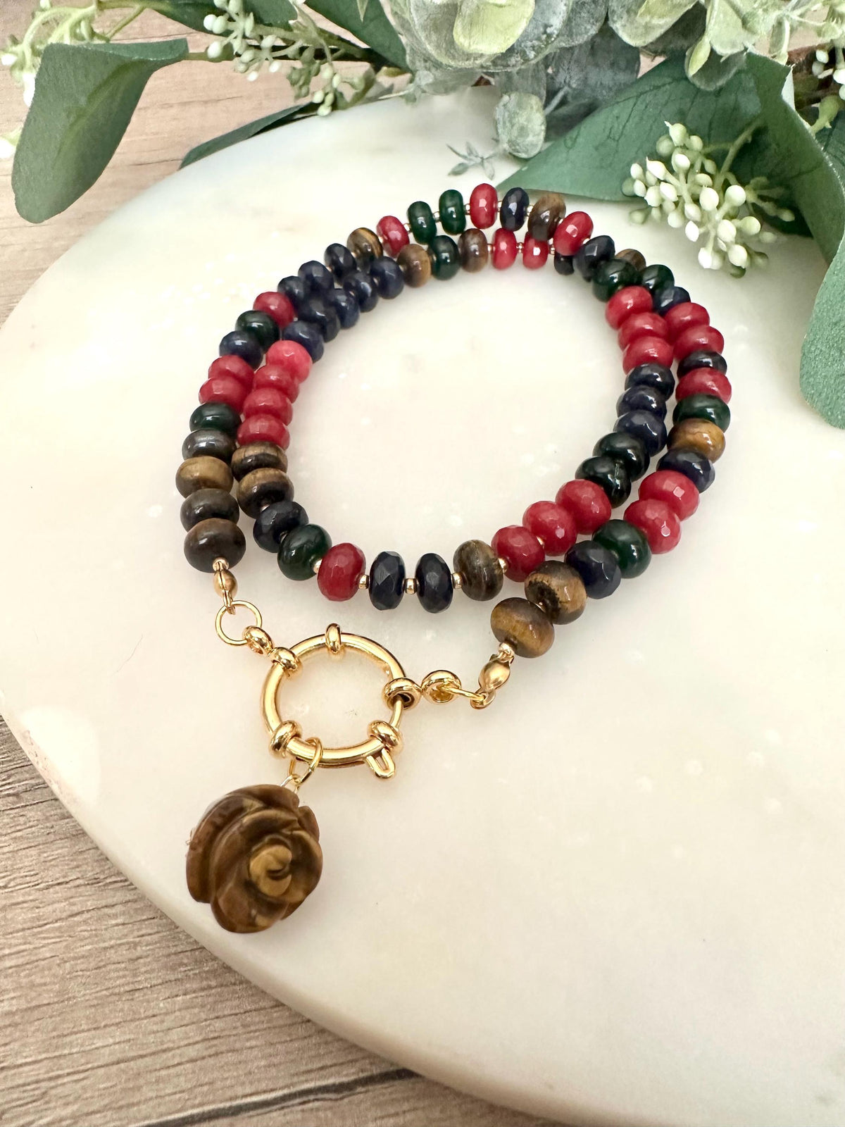 Autumn Tiger Eye with Jewel Toned Jade Beaded Carved Rose Pendant Necklace