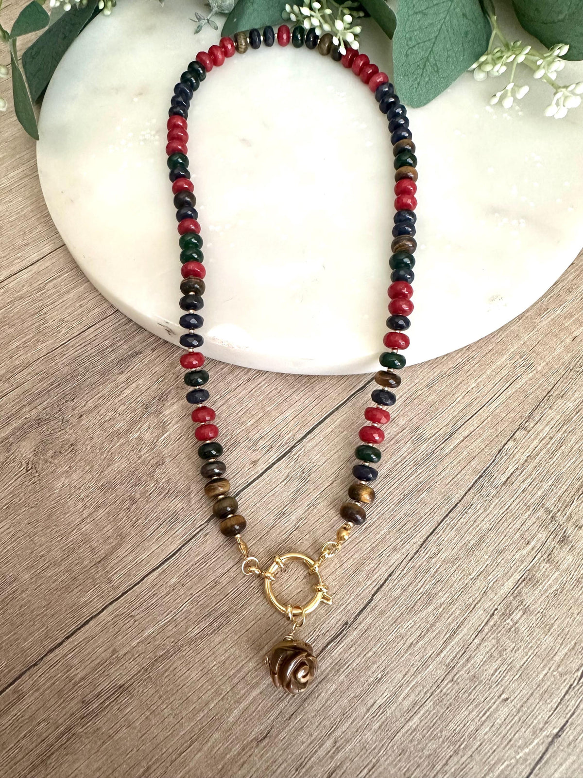Autumn Tiger Eye with Jewel Toned Jade Beaded Carved Rose Pendant Necklace