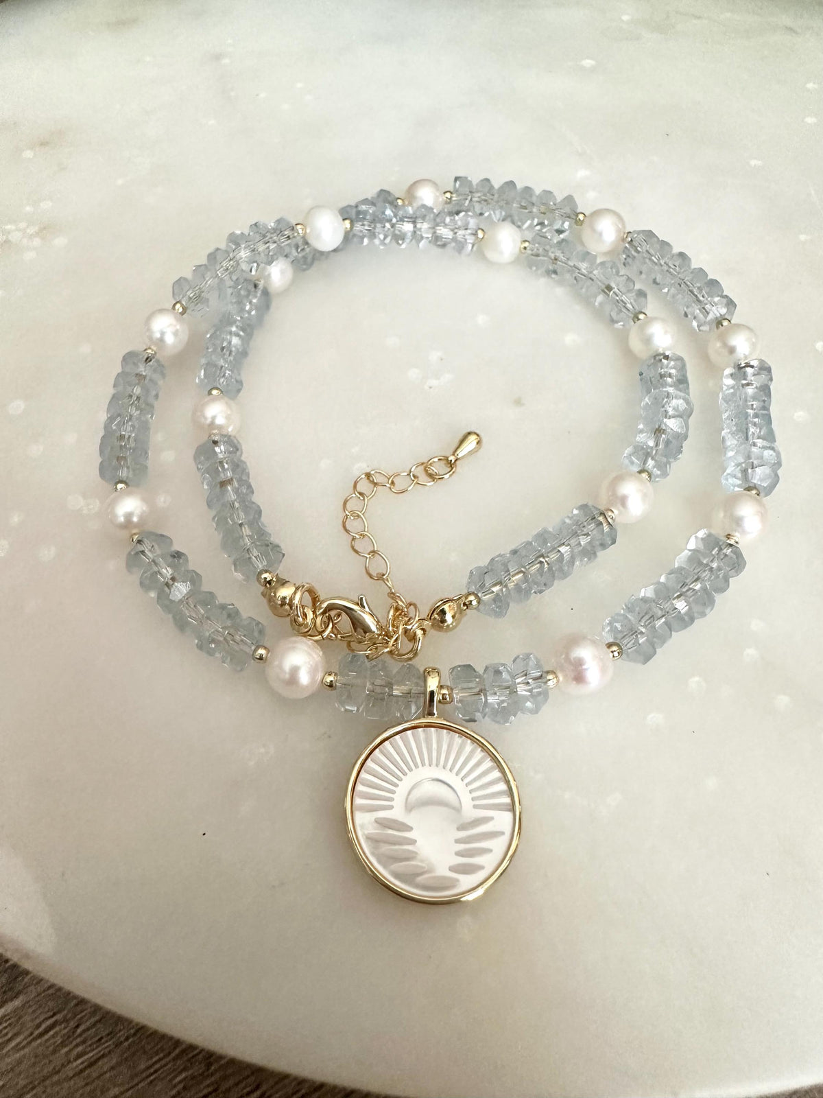 Blue Quartz Freshwater Pearl Beaded Necklace with a Sunset Mother of Pearl Pendant Necklaces -Gift-Wedding-Bridesmaid