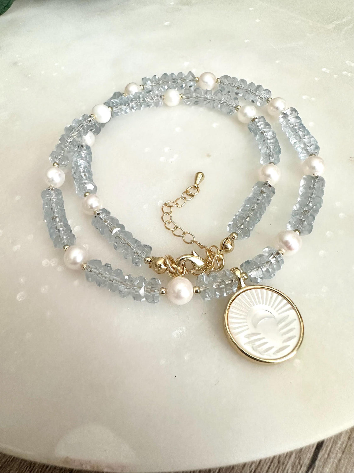 Blue Quartz Freshwater Pearl Beaded Necklace with a Sunset Mother of Pearl Pendant Necklaces -Gift-Wedding-Bridesmaid