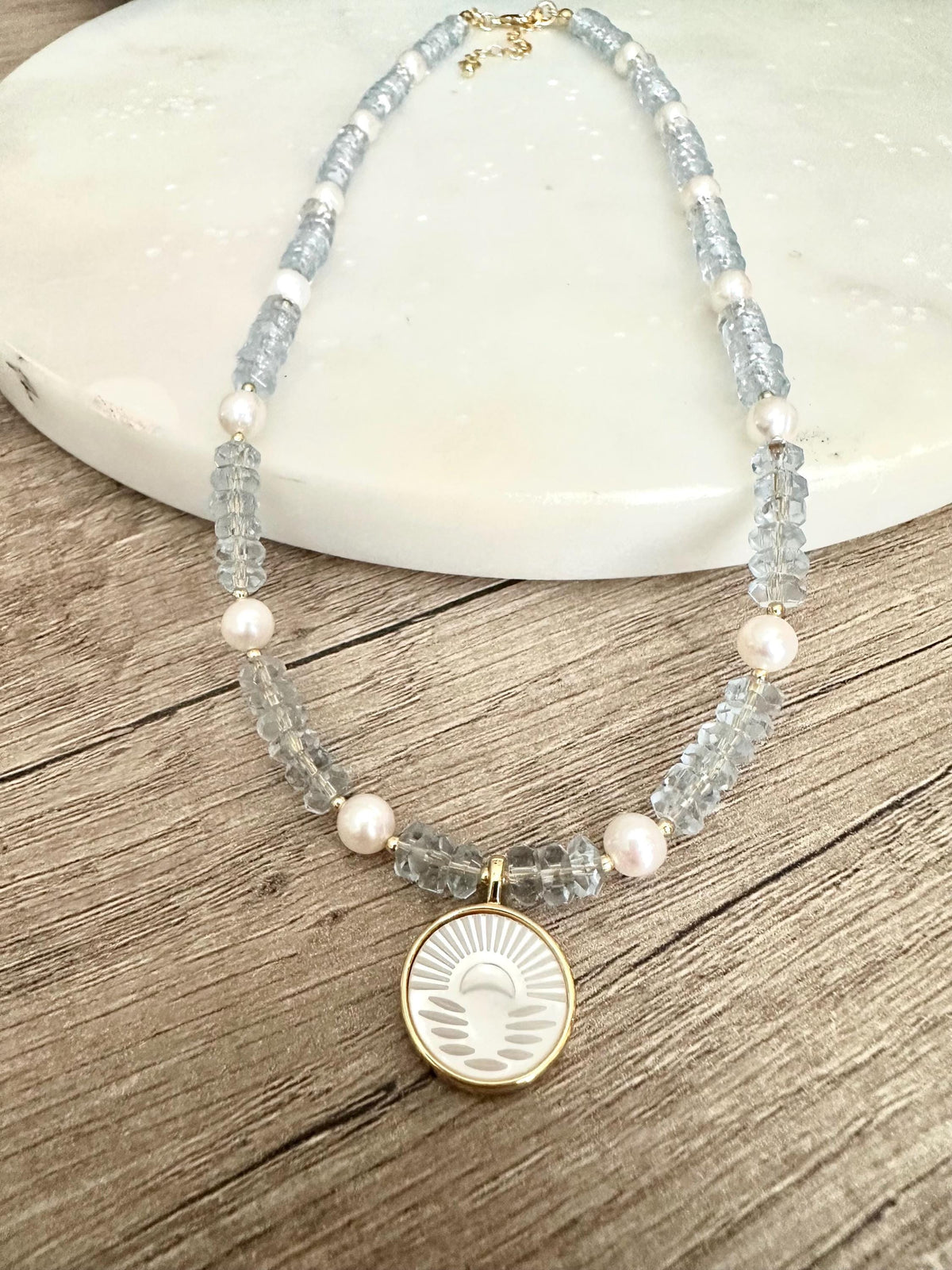 Blue Quartz Freshwater Pearl Beaded Necklace with a Sunset Mother of Pearl Pendant Necklaces -Gift-Wedding-Bridesmaid