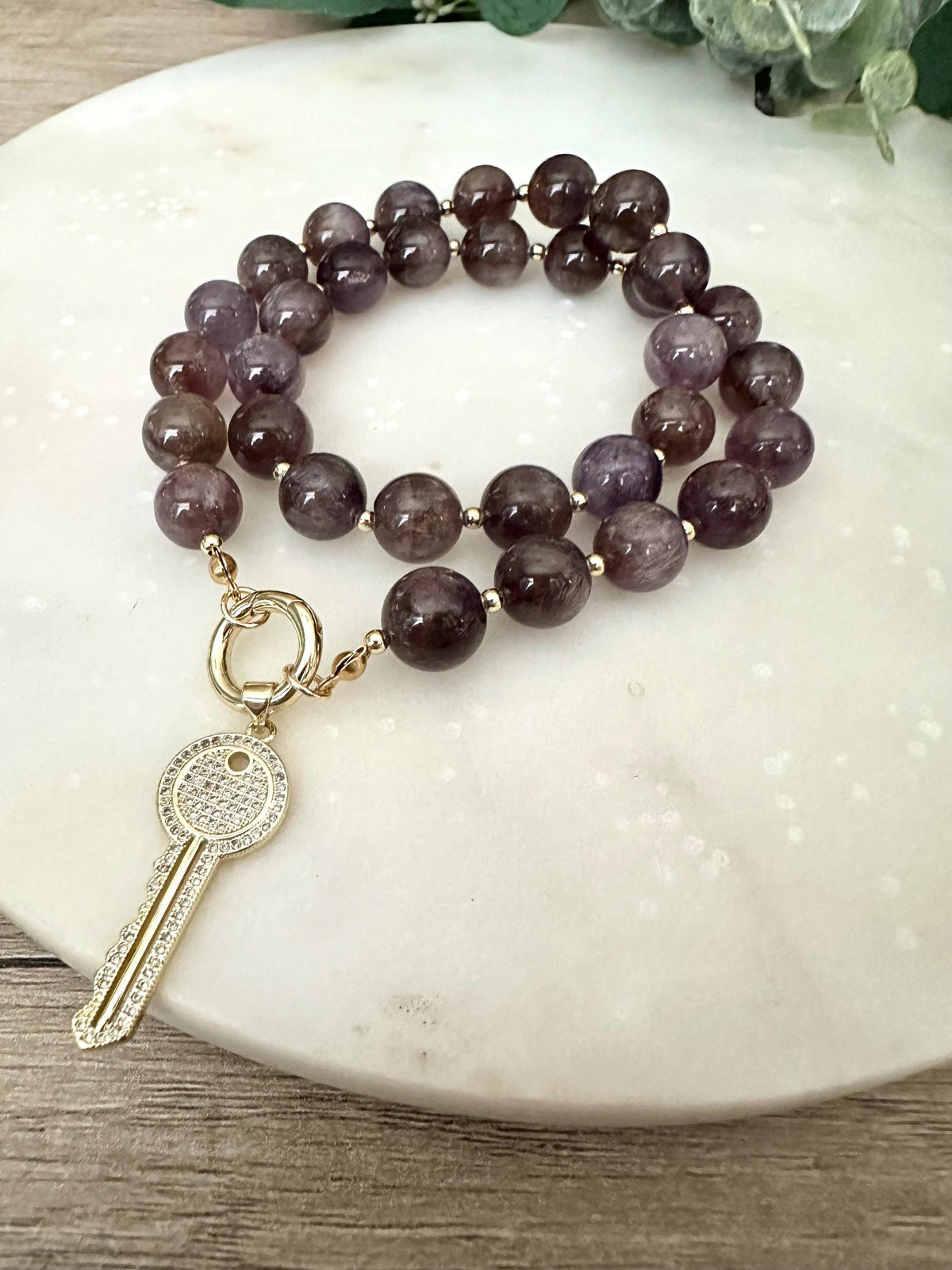Auralite 23 Cacoxenite Dark Purple Beaded Necklace with a Key Pendant-Gift for Her-Wedding-Bridesmaid
