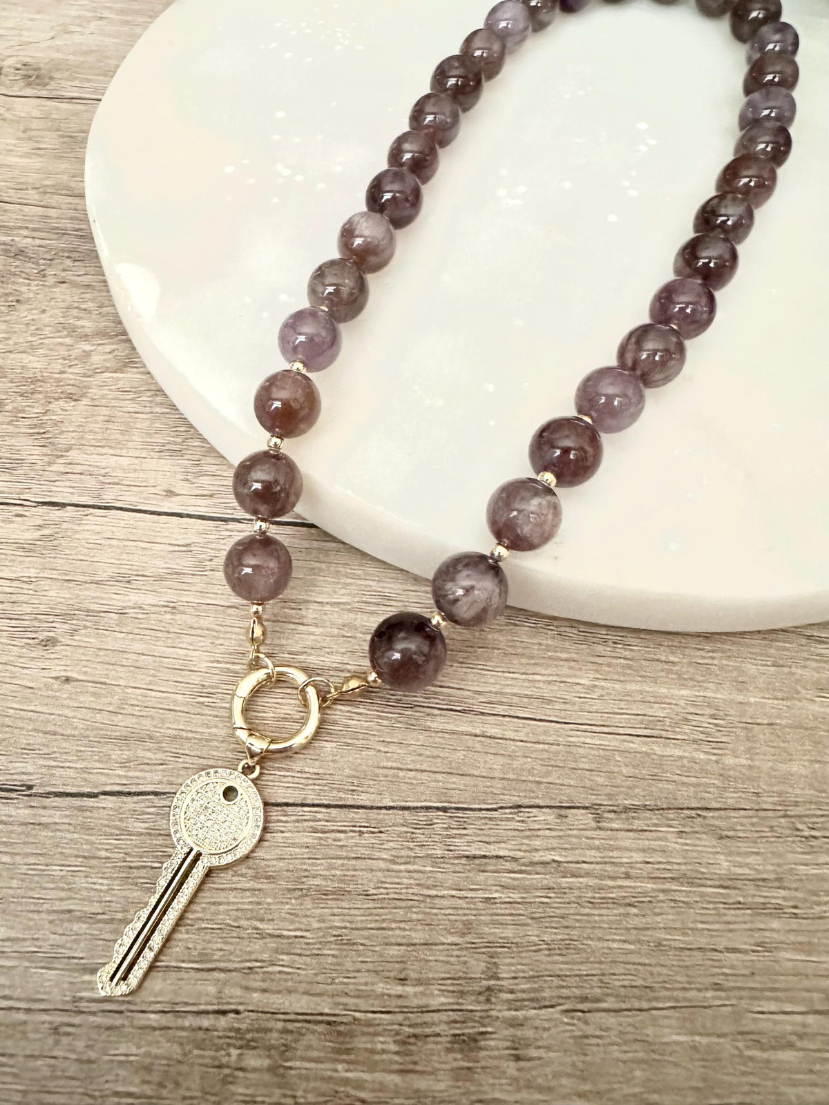 Auralite 23 Cacoxenite Dark Purple Beaded Necklace with a Key Pendant-Gift for Her-Wedding-Bridesmaid