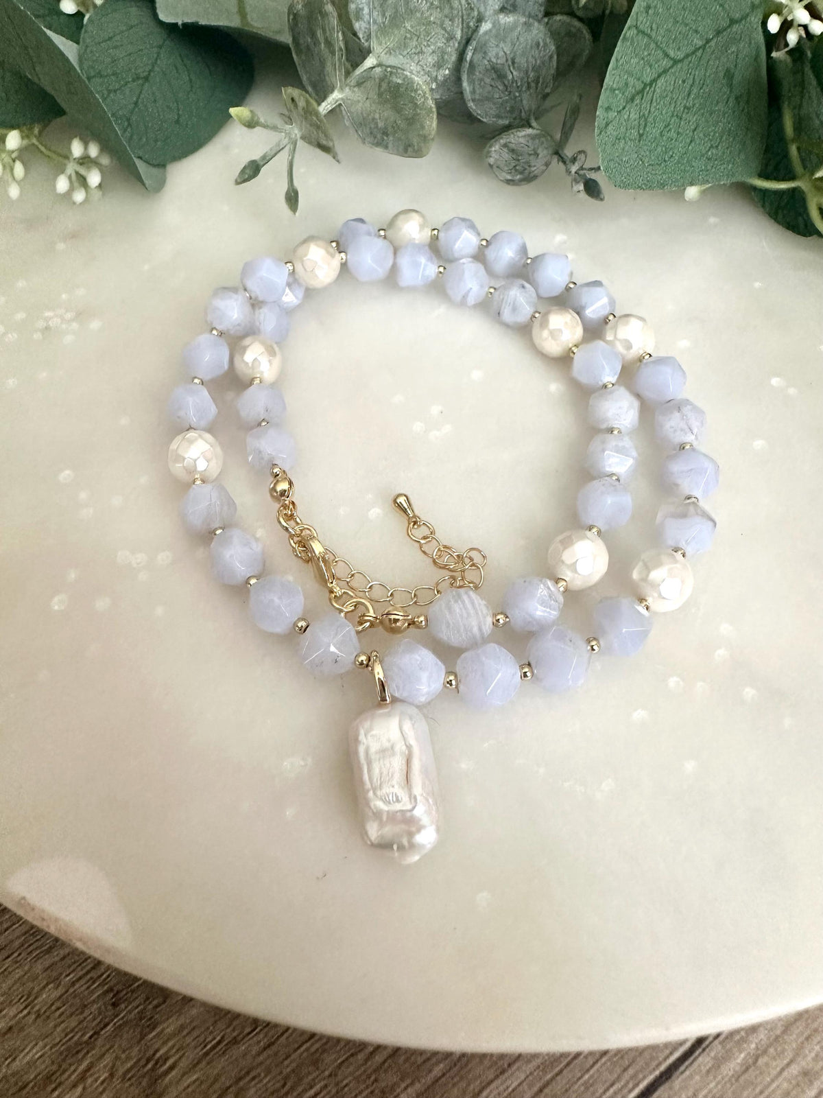 Blue Lace Chalcedony Beaded Pearl Pendant Necklace -Gift-Wedding-Bridesmaids