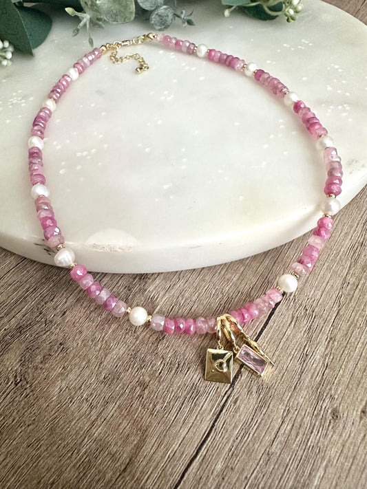Pink Moonstone with Pearls Beaded Love Letter Necklace