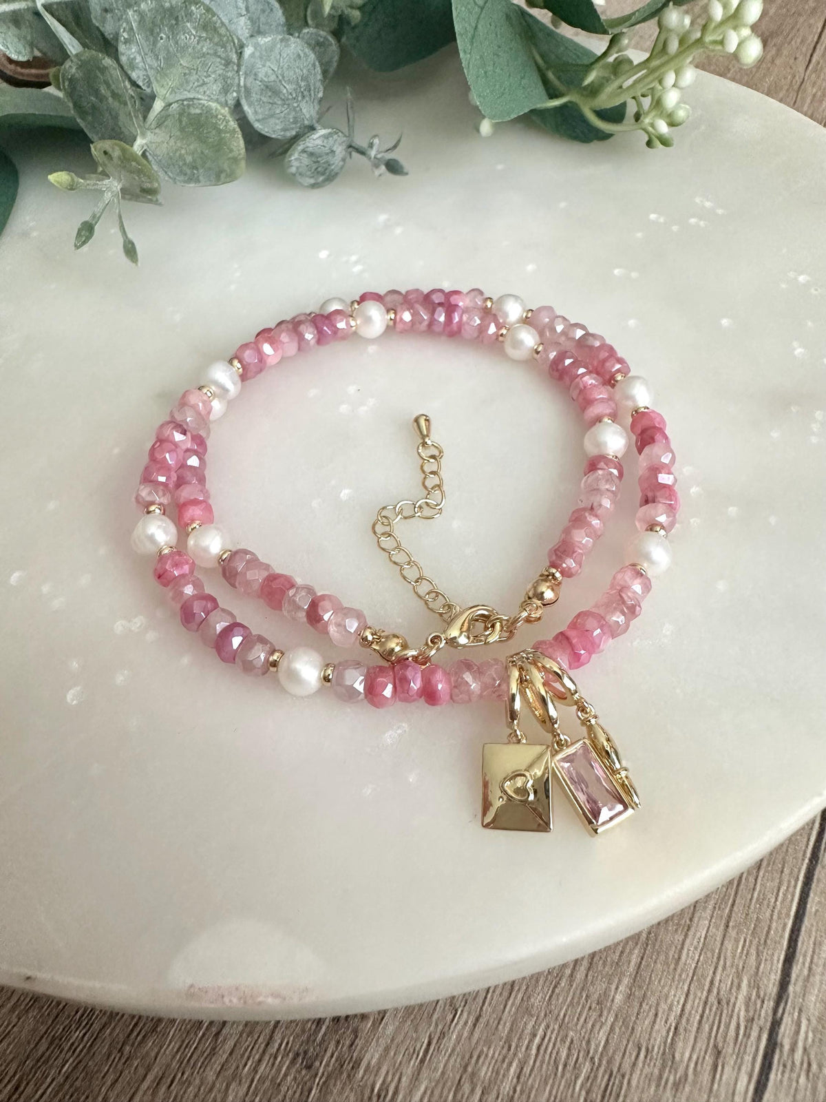 Pink Moonstone with Pearls Beaded Love Letter Necklace