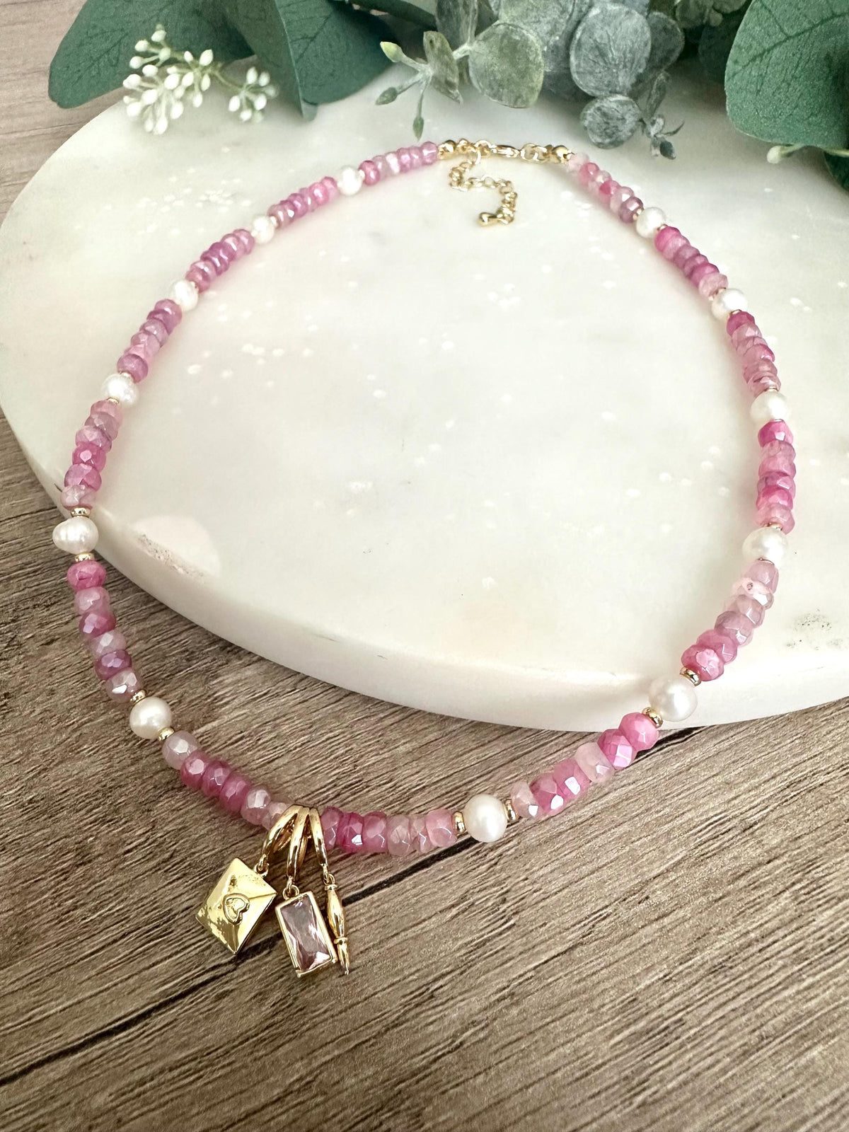 Pink Moonstone with Pearls Beaded Love Letter Necklace