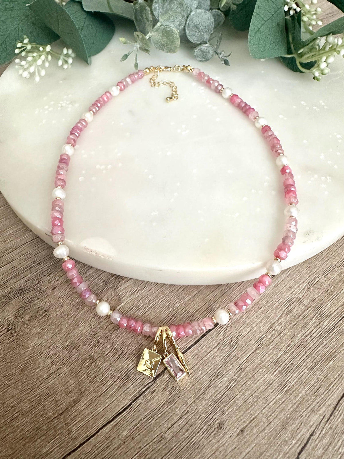 Pink Moonstone with Pearls Beaded Love Letter Necklace