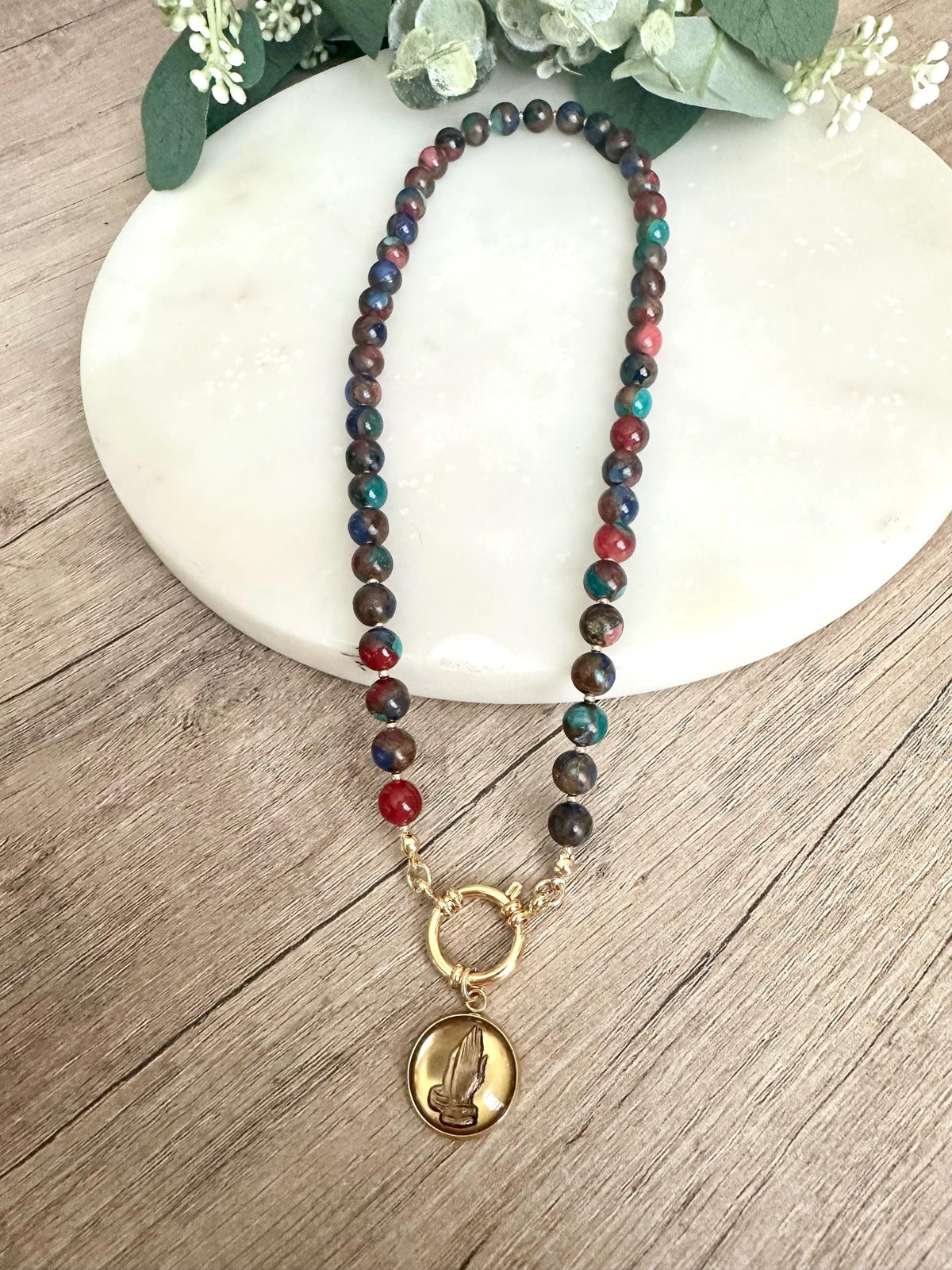 Praying Hands Multi Color Mosiac Quartz Beaded Necklace