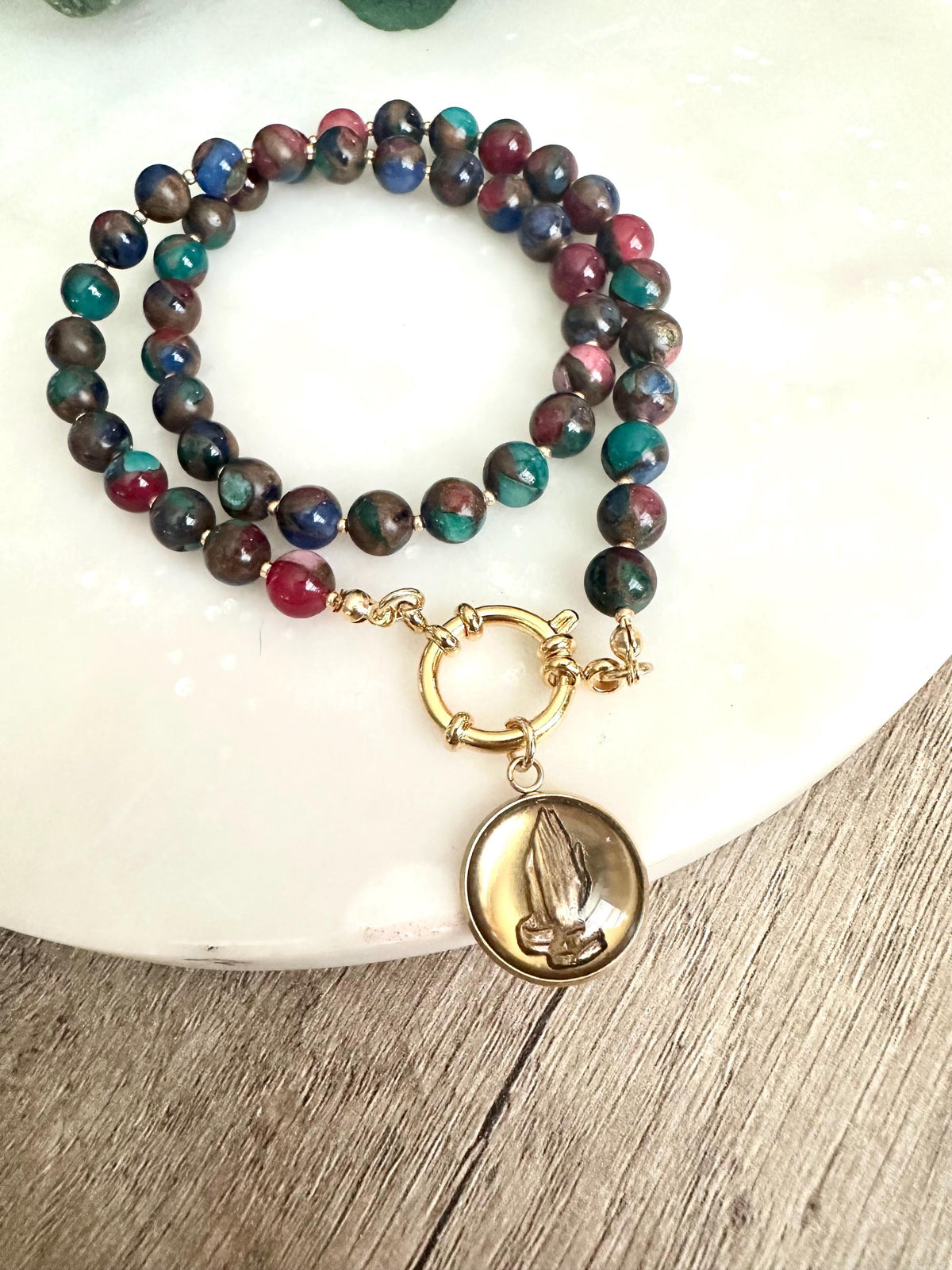 Praying Hands Multi Color Mosiac Quartz Beaded Necklace