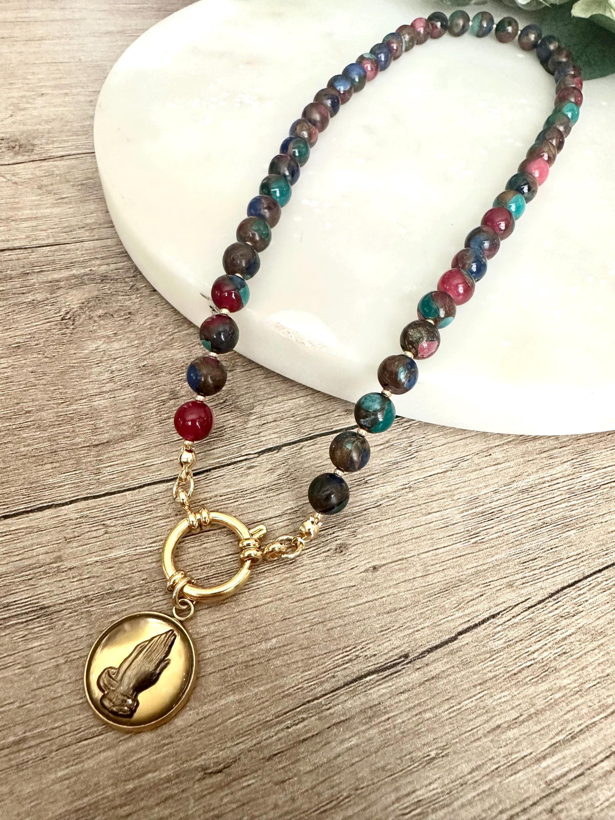 Praying Hands Multi Color Mosiac Quartz Beaded Necklace