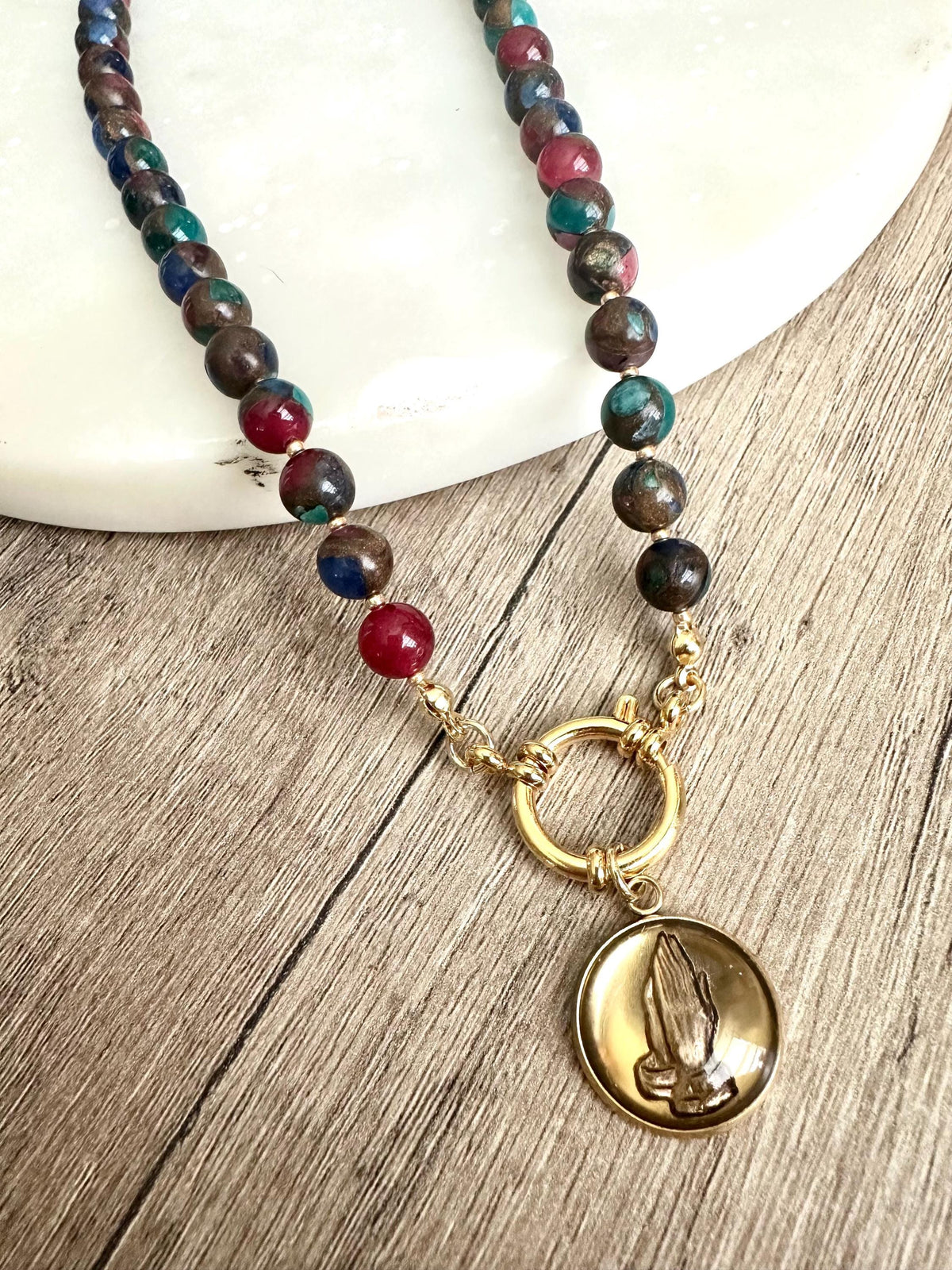 Praying Hands Multi Color Mosiac Quartz Beaded Necklace