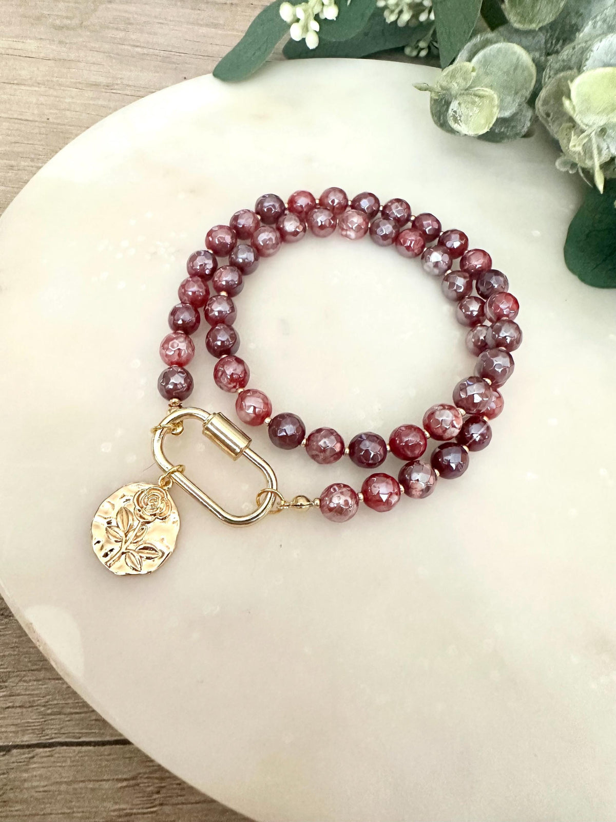 Fall Mystic Red Fire Agate Beaded Rose Pendant Necklace