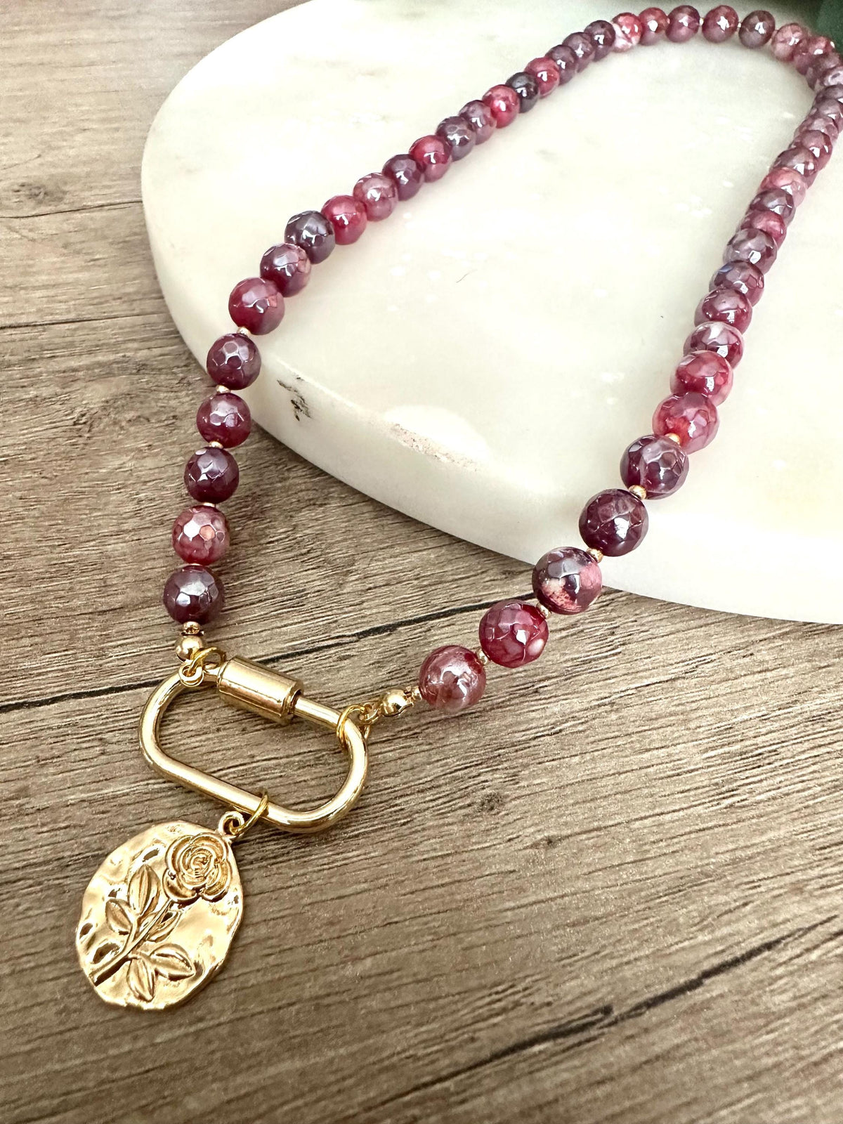 Fall Mystic Red Fire Agate Beaded Rose Pendant Necklace