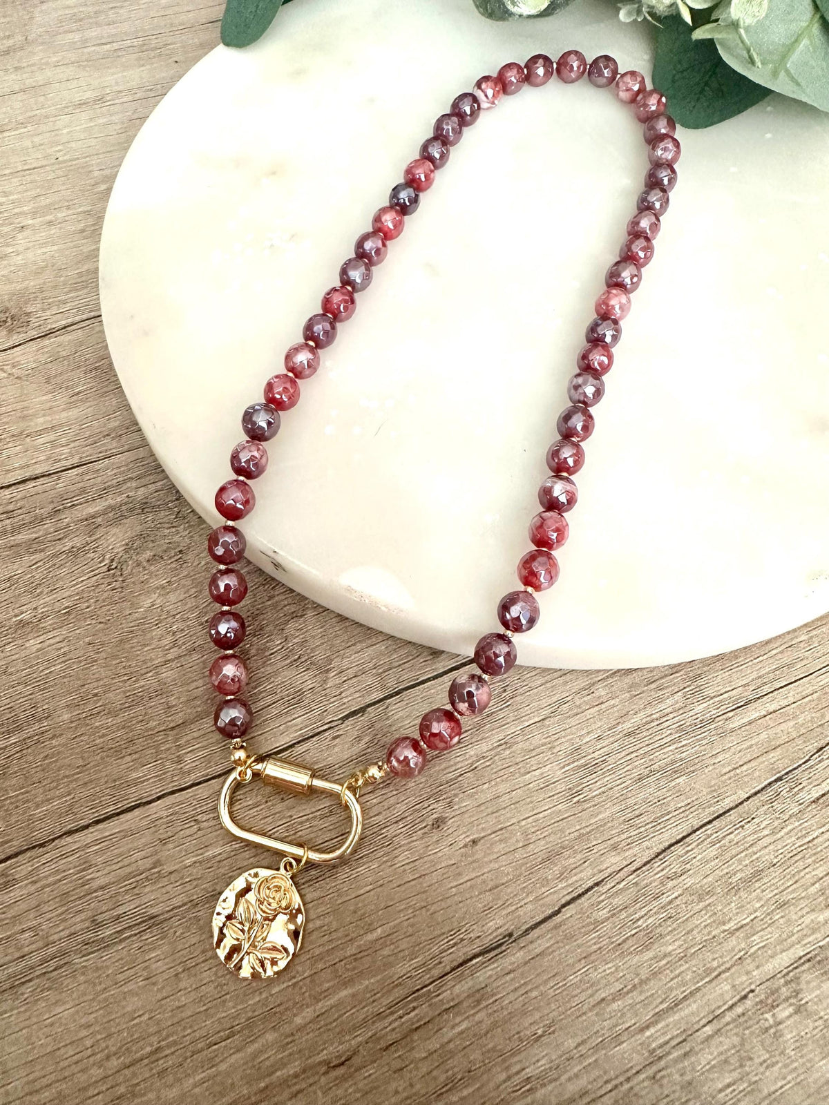Fall Mystic Red Fire Agate Beaded Rose Pendant Necklace