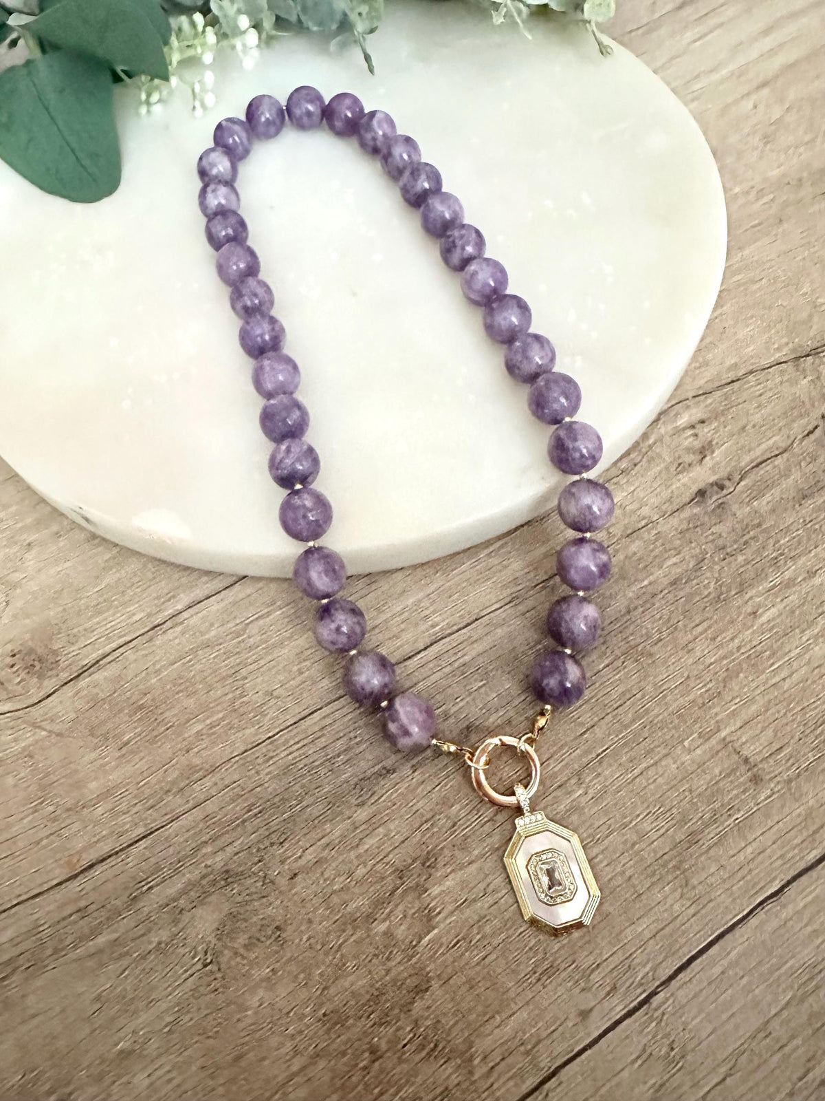 Purple Lepidolite Beaded Necklace with a Nother of Pearl Cz Pendant-Gift for Her-Wedding-Bridesmaid