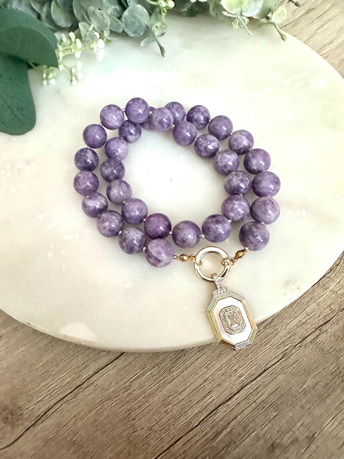 Purple Lepidolite Beaded Necklace with a Nother of Pearl Cz Pendant-Gift for Her-Wedding-Bridesmaid
