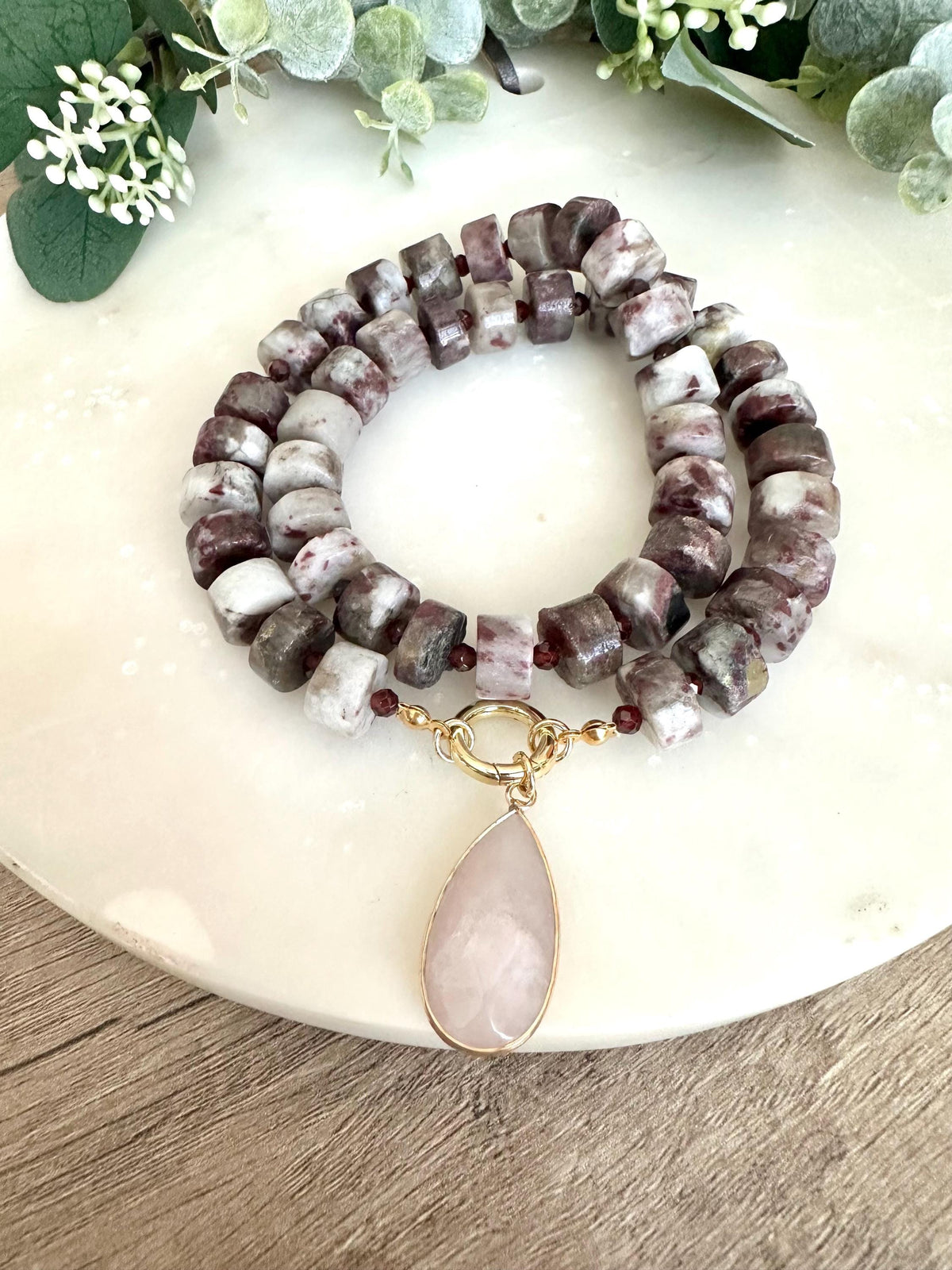 Cherry Tourmaline Beaded Necklace Stone Pendant Chunky Necklaces -Gift-Wedding-Bridesmaid