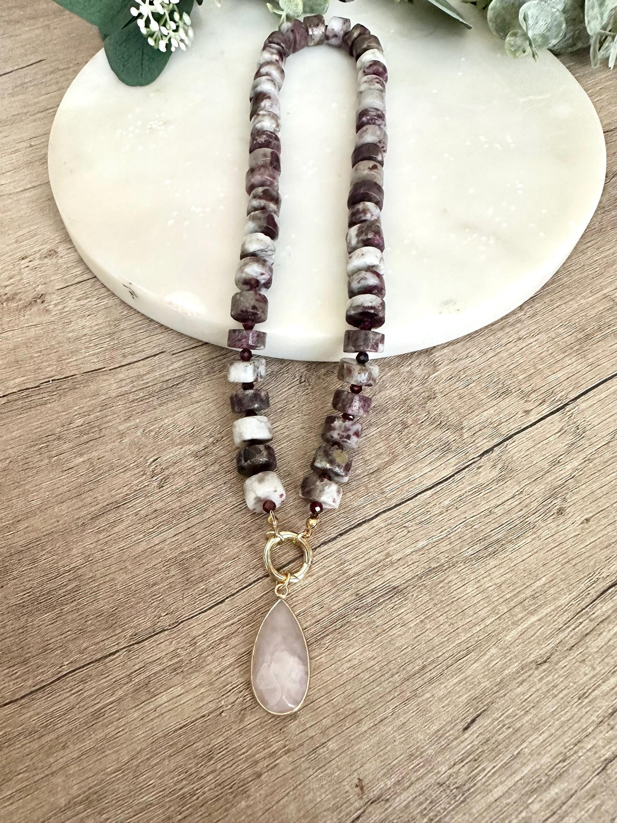 Cherry Tourmaline Beaded Necklace Stone Pendant Chunky Necklaces -Gift-Wedding-Bridesmaid