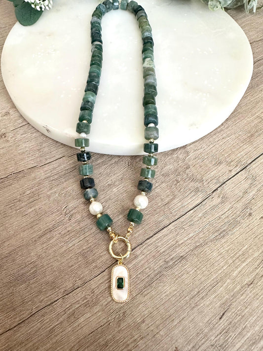 Green Moss Beaded Necklace Stone Pendant Chunky Necklaces -Gift-Wedding-Bridesmaid
