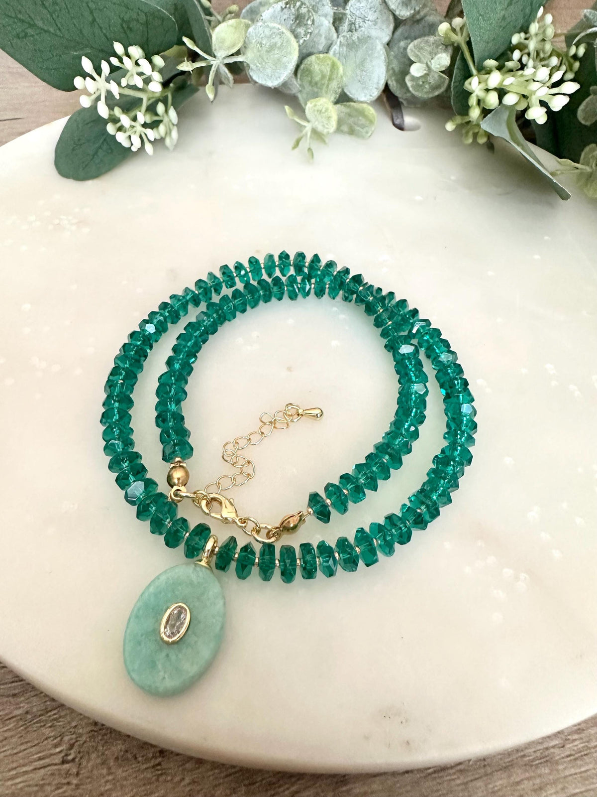 Green Quartz  Beaded Necklace with a Amazonite Pendant Necklaces -Gift-Wedding-Bridesmaid