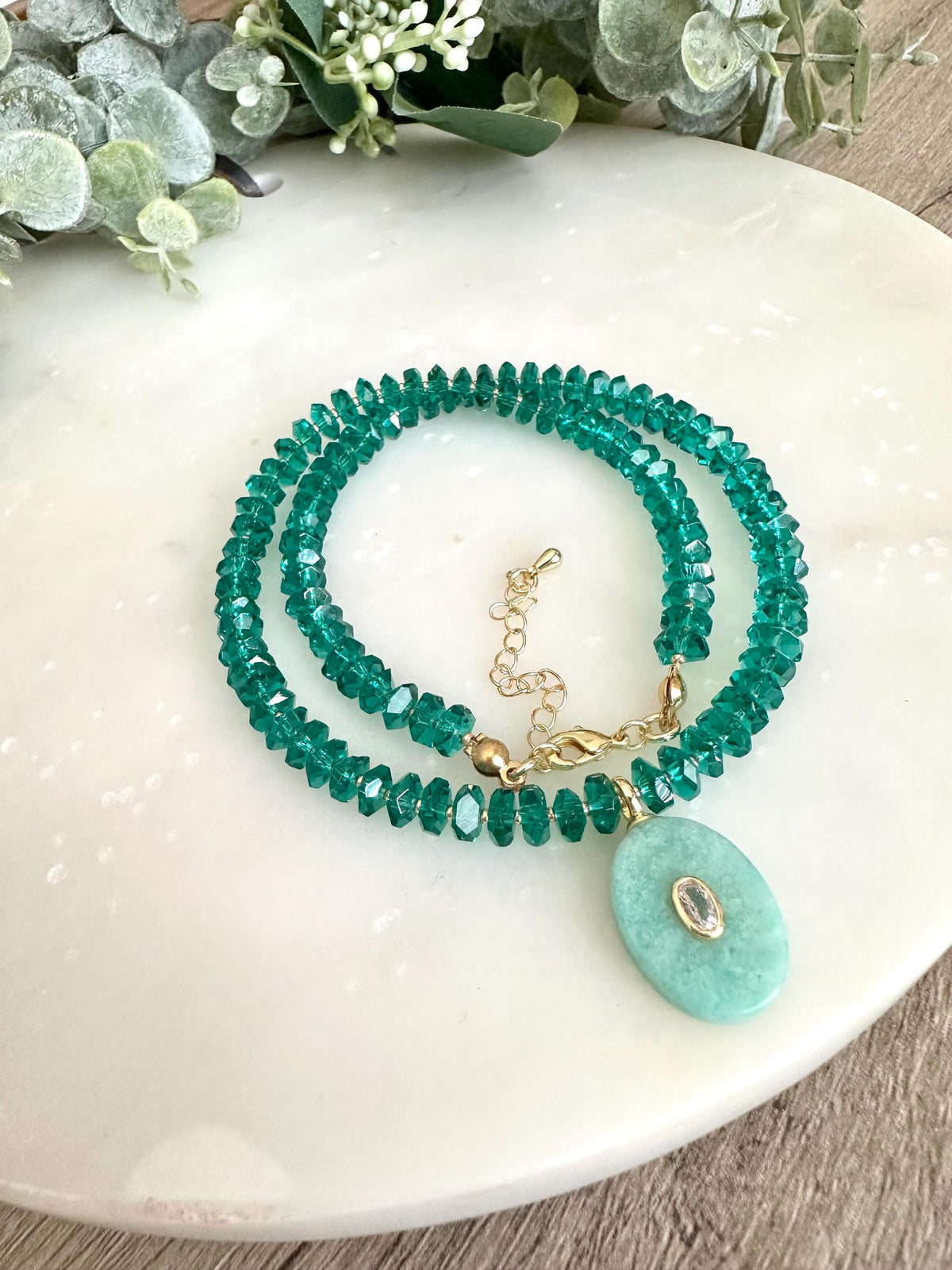 Green Quartz  Beaded Necklace with a Amazonite Pendant Necklaces -Gift-Wedding-Bridesmaid