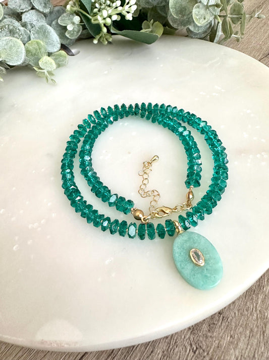 Green Quartz  Beaded Necklace with a Amazonite Pendant Necklaces -Gift-Wedding-Bridesmaid