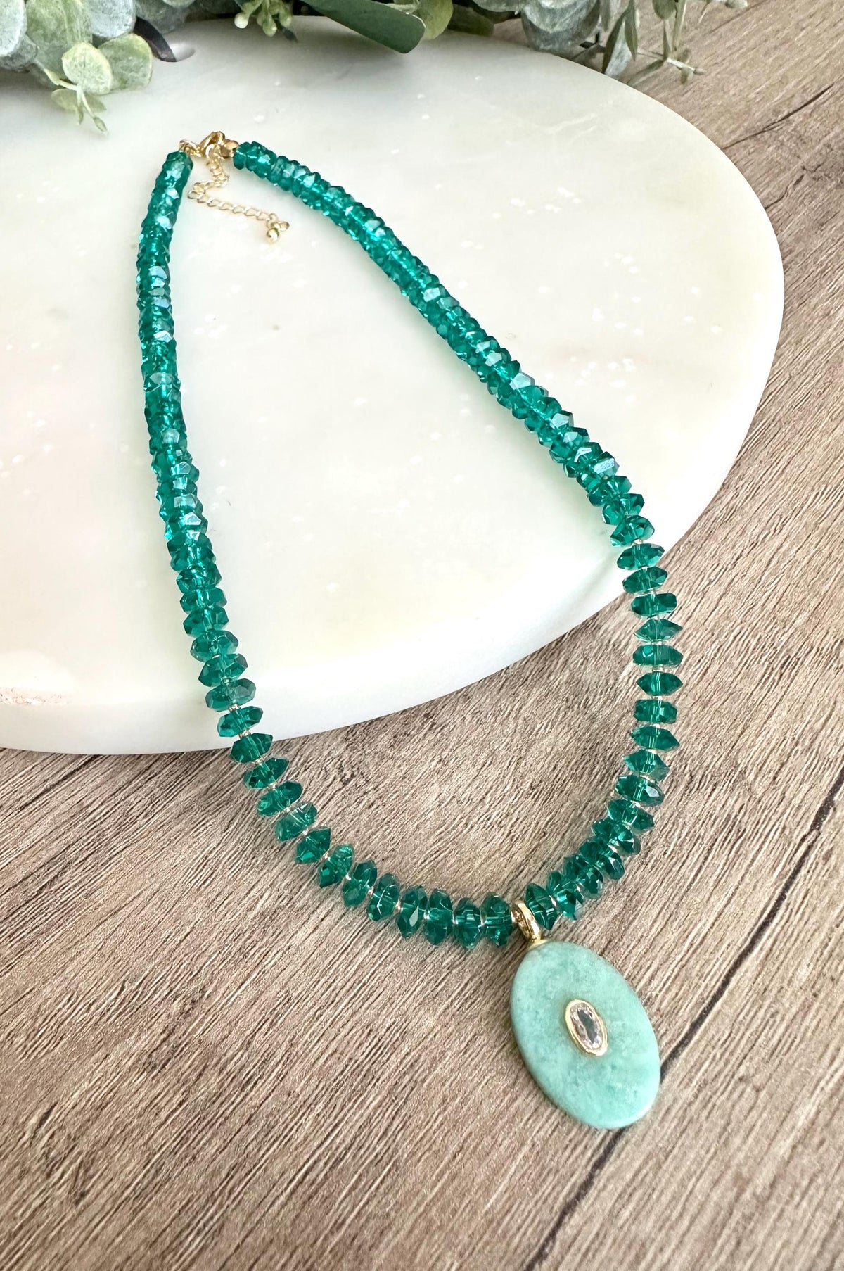 Green Quartz  Beaded Necklace with a Amazonite Pendant Necklaces -Gift-Wedding-Bridesmaid