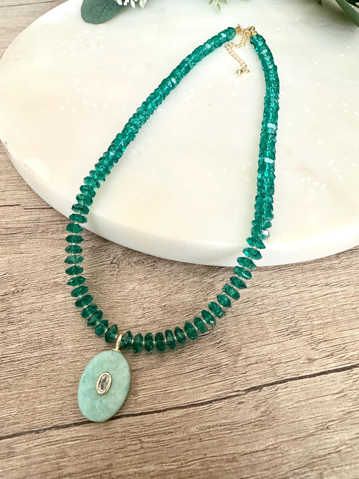 Green Quartz  Beaded Necklace with a Amazonite Pendant Necklaces -Gift-Wedding-Bridesmaid