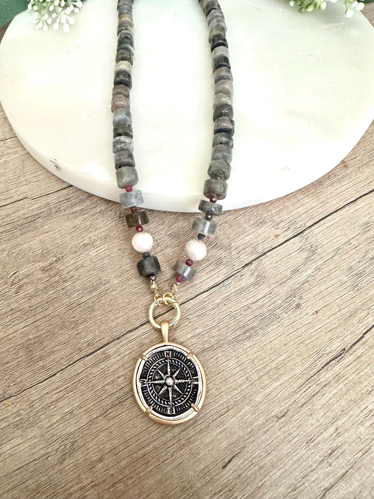 Blue Black Labradorite Beaded Necklace Coin Compass Pendant Chunky Necklaces -Gift-Wedding-Bridesmaid