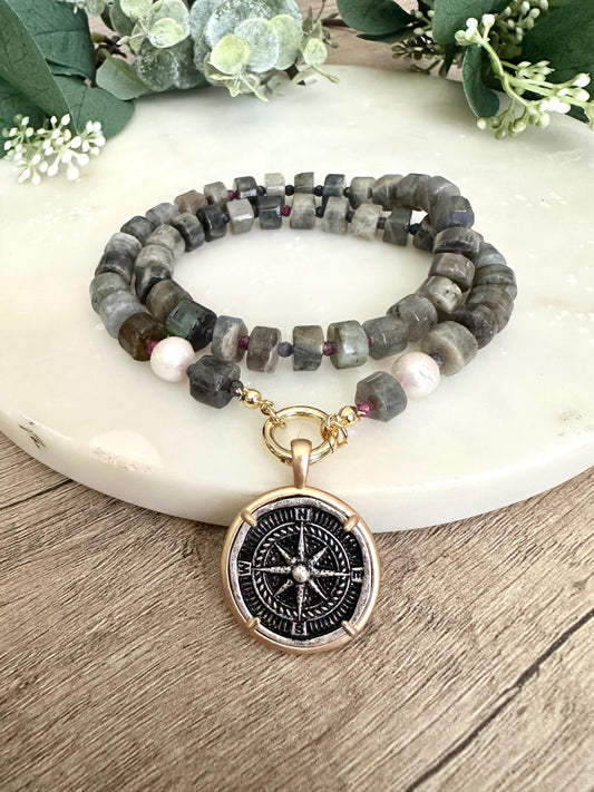 Blue Black Labradorite Beaded Necklace Coin Compass Pendant Chunky Necklaces -Gift-Wedding-Bridesmaid
