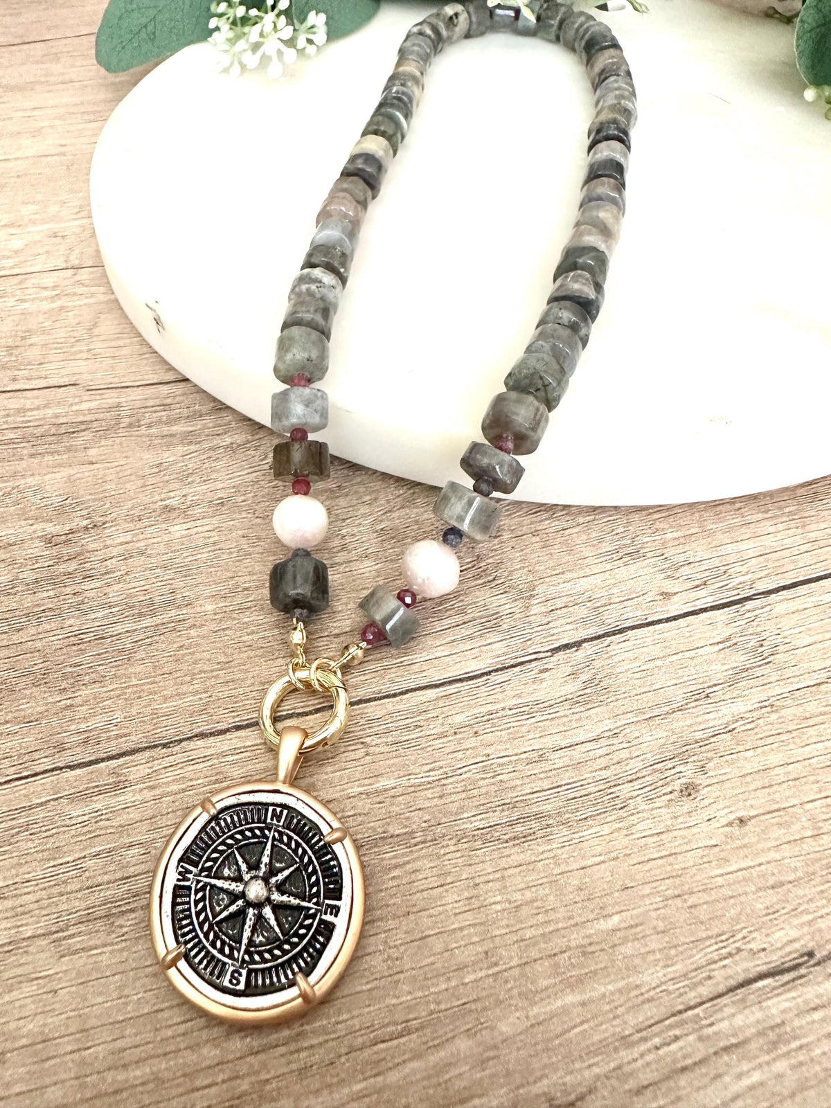 Blue Black Labradorite Beaded Necklace Coin Compass Pendant Chunky Necklaces -Gift-Wedding-Bridesmaid